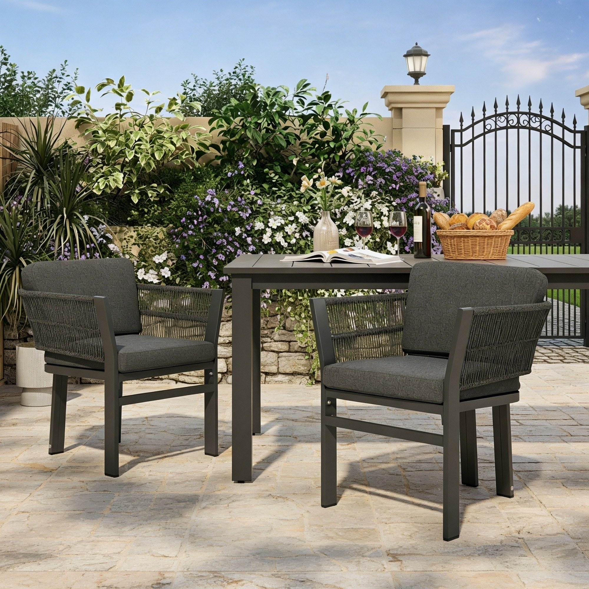 Roomfitters 23.62 Set Of 2 Outdoor Dining Chairs Modern Patio Armchairs With Woven Rope Back And Upholstered Cushions