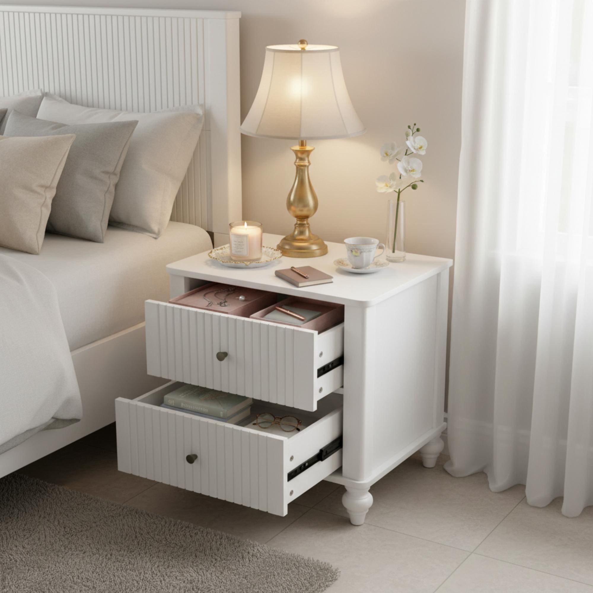Roomfitters 23 Nightstand With 2 Drawers Fluted Bedside Table Coastal Farmhouse Modern Side End Table Bedside Chest White