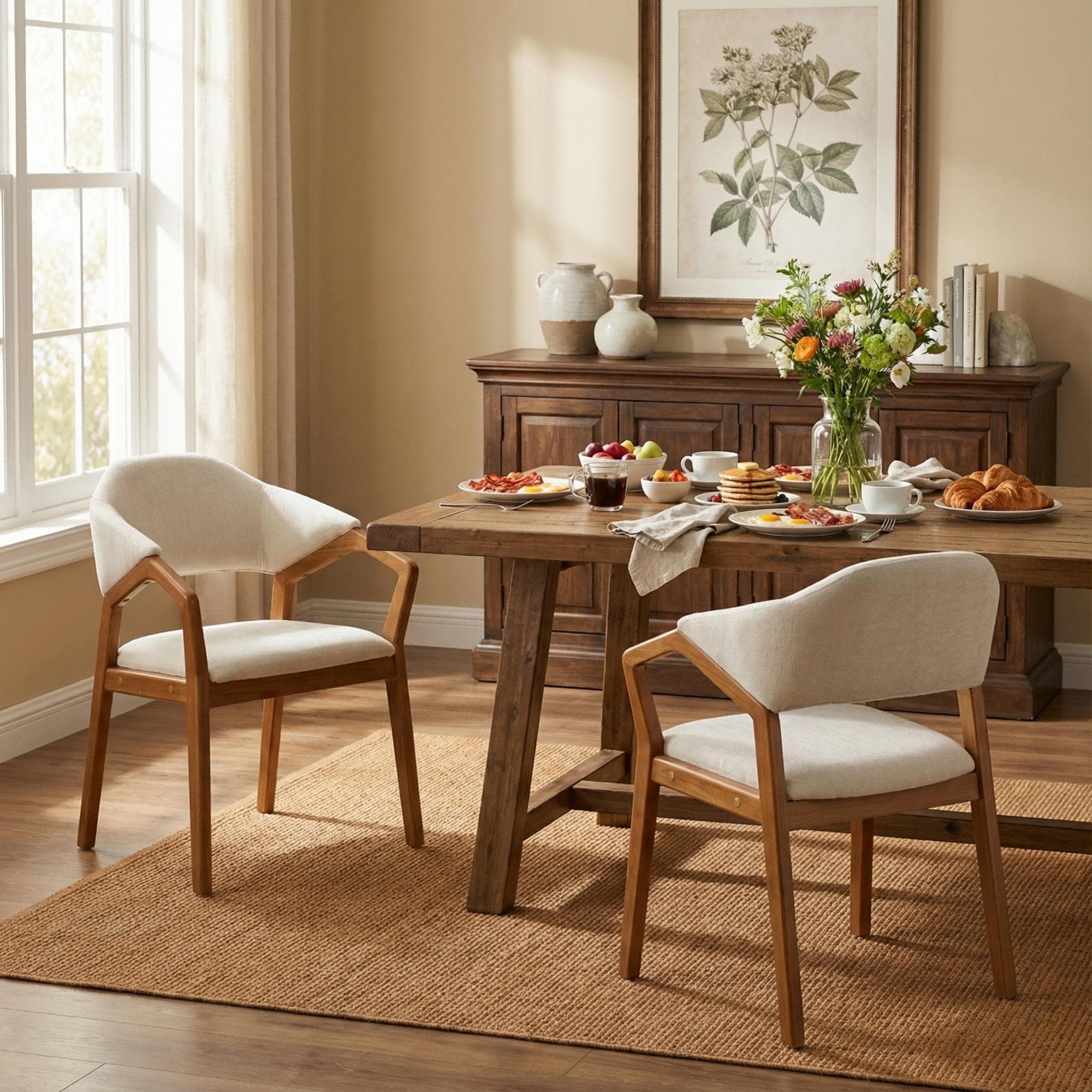 Roomfitters 23 Set Of 2 Upholstered Dining Chairs Mid Century Modern Z Arm Chairs With Teak Finished Wood Frame