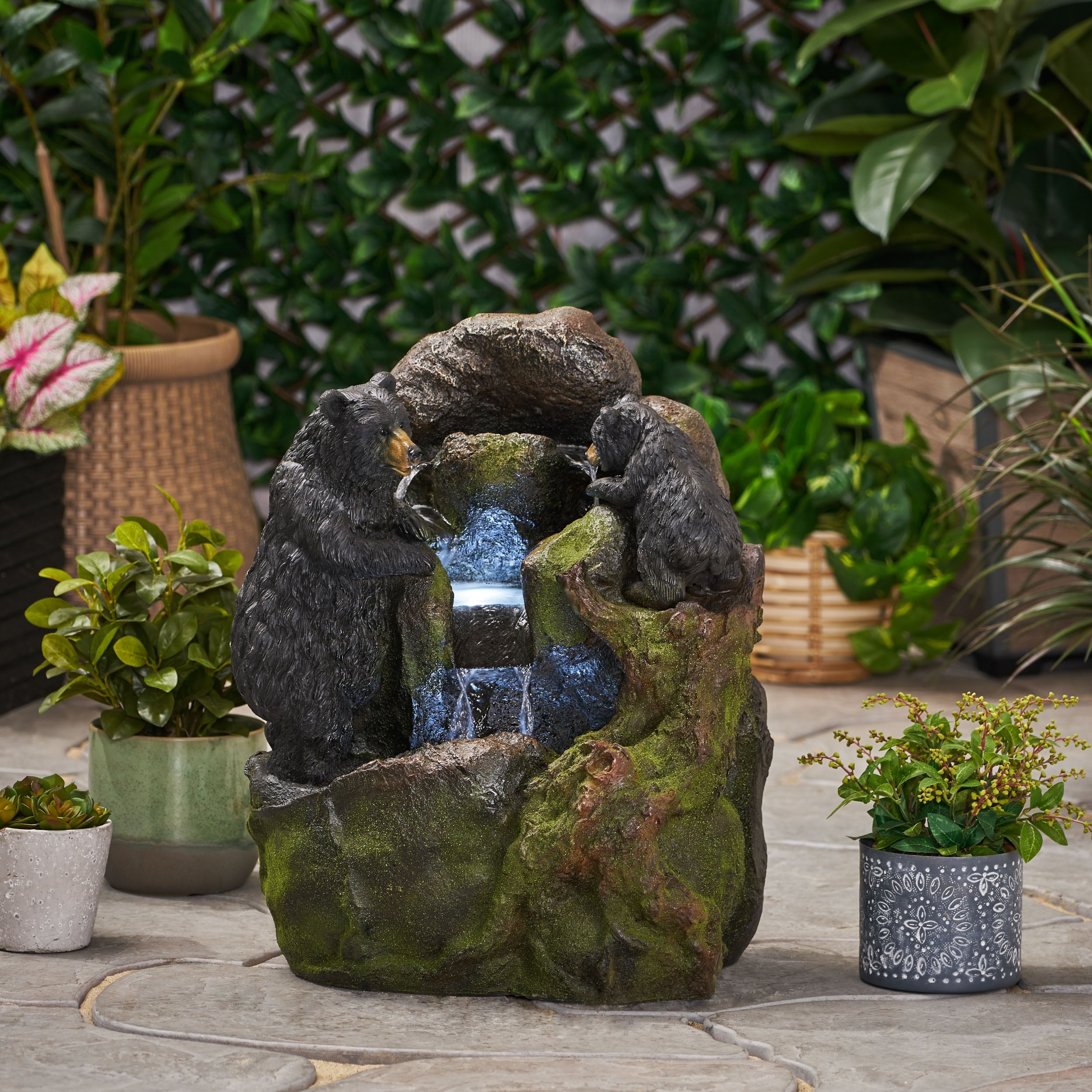 Roomfitters 24 Inch Hand Crafted Wildlife Tiered Water Fountain With Led Lights Weather Resistant Faux Stone Black