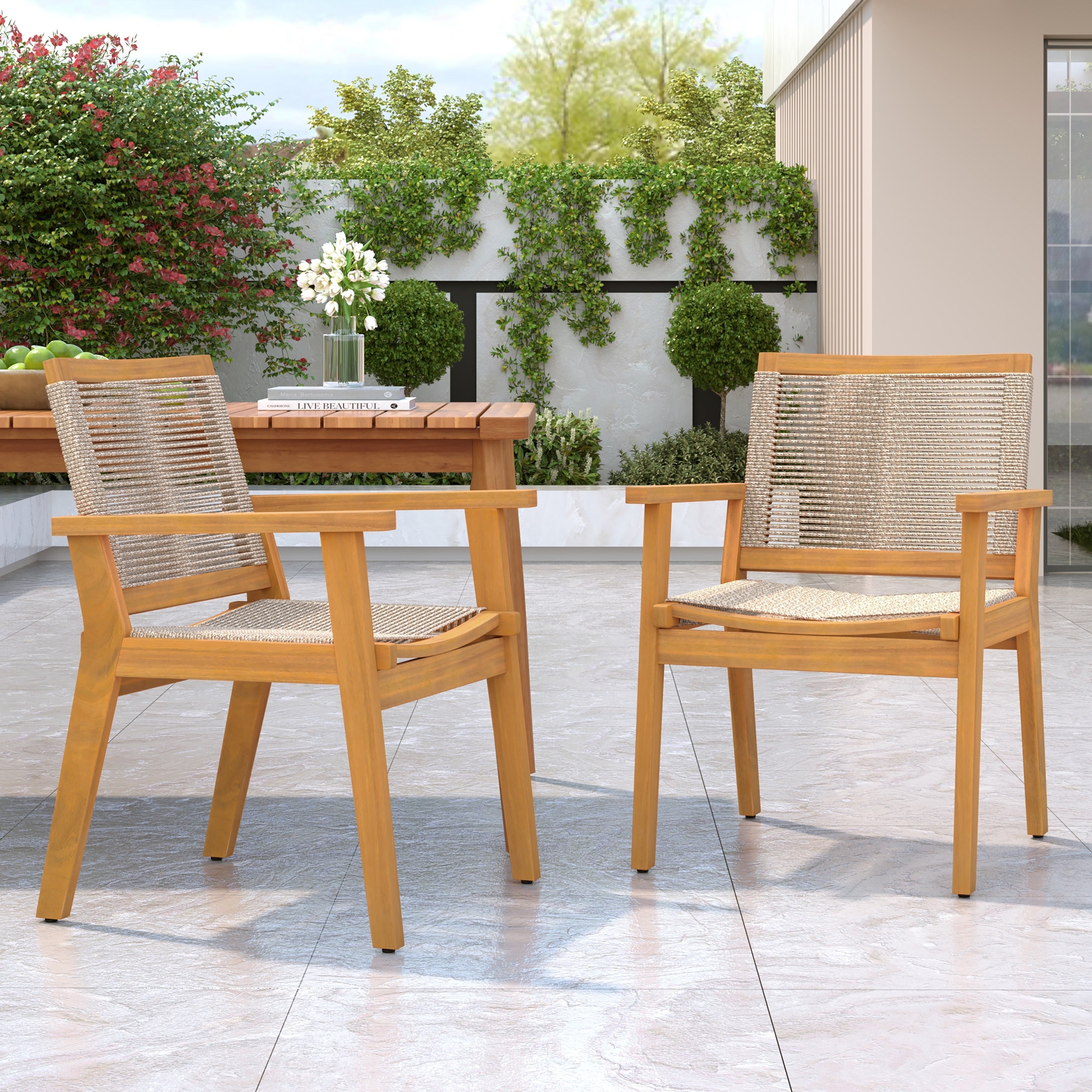 Roomfitters 24.75 Set Of 2 Acacia Wood Outdoor Dining Chairs Modern Hand Woven Rope Back And Seat With Armrests Brown