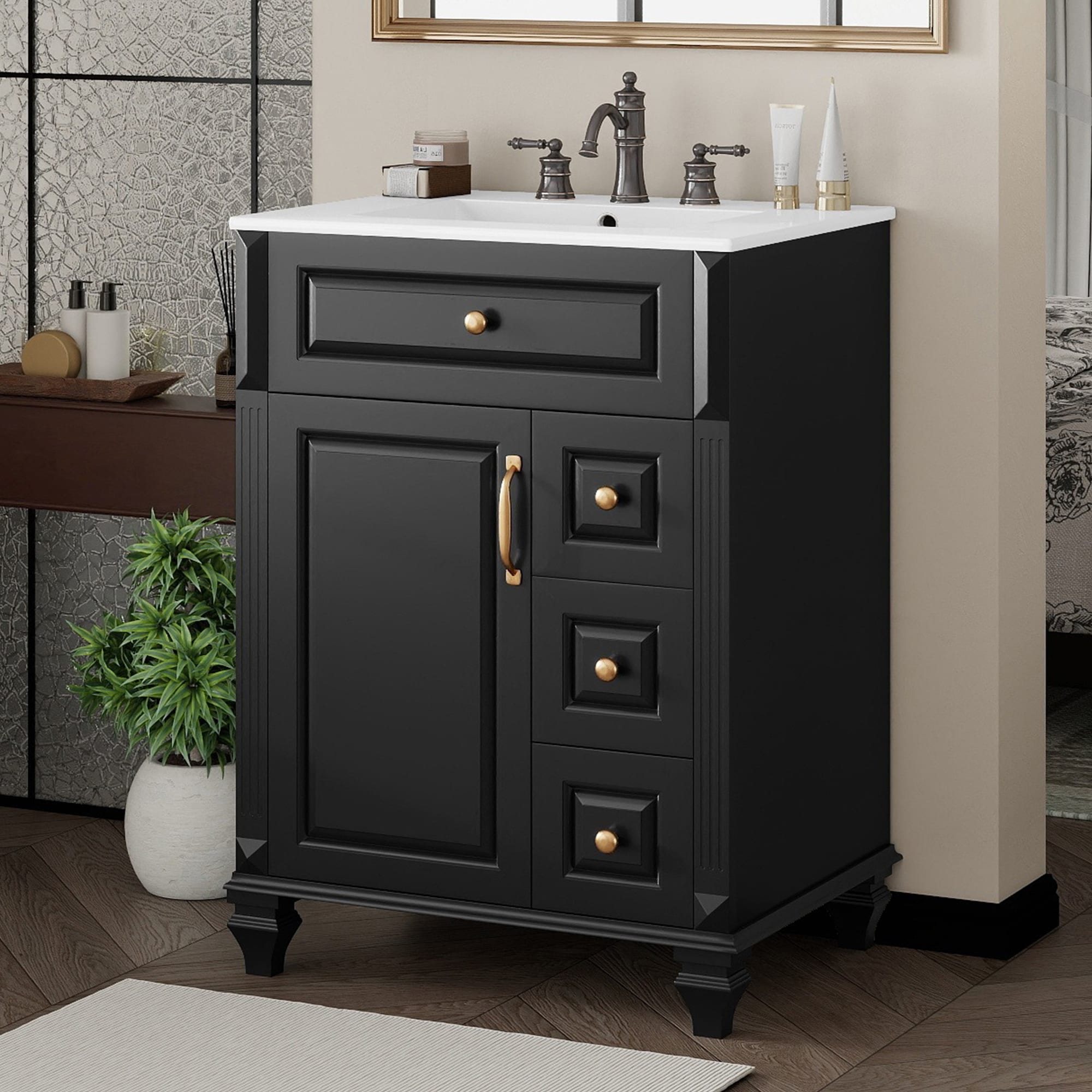 Roomfitters 24 Bathroom Vanity With Sink Single Sink Cabinet With 3 Drawers Tilt Out Tray And Door Shelf Wood