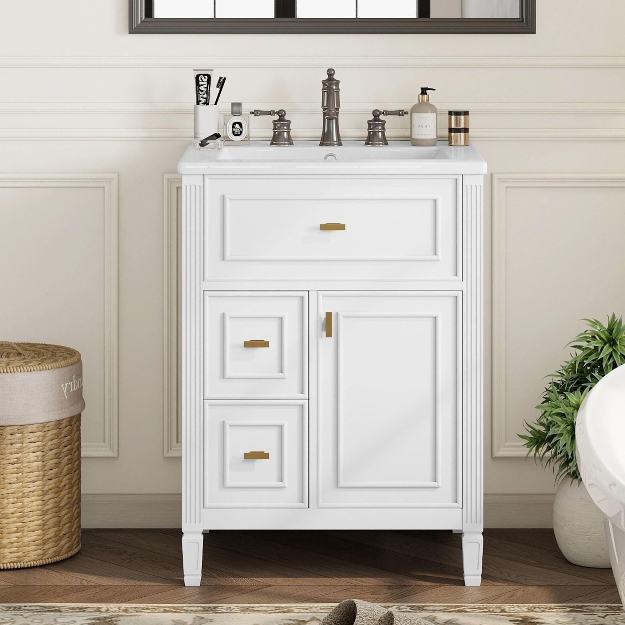 Roomfitters 24 Bathroom Vanity With Sink Solid Wood Frame Flip Drawer 2 Side Drawers Adjustable Shelf