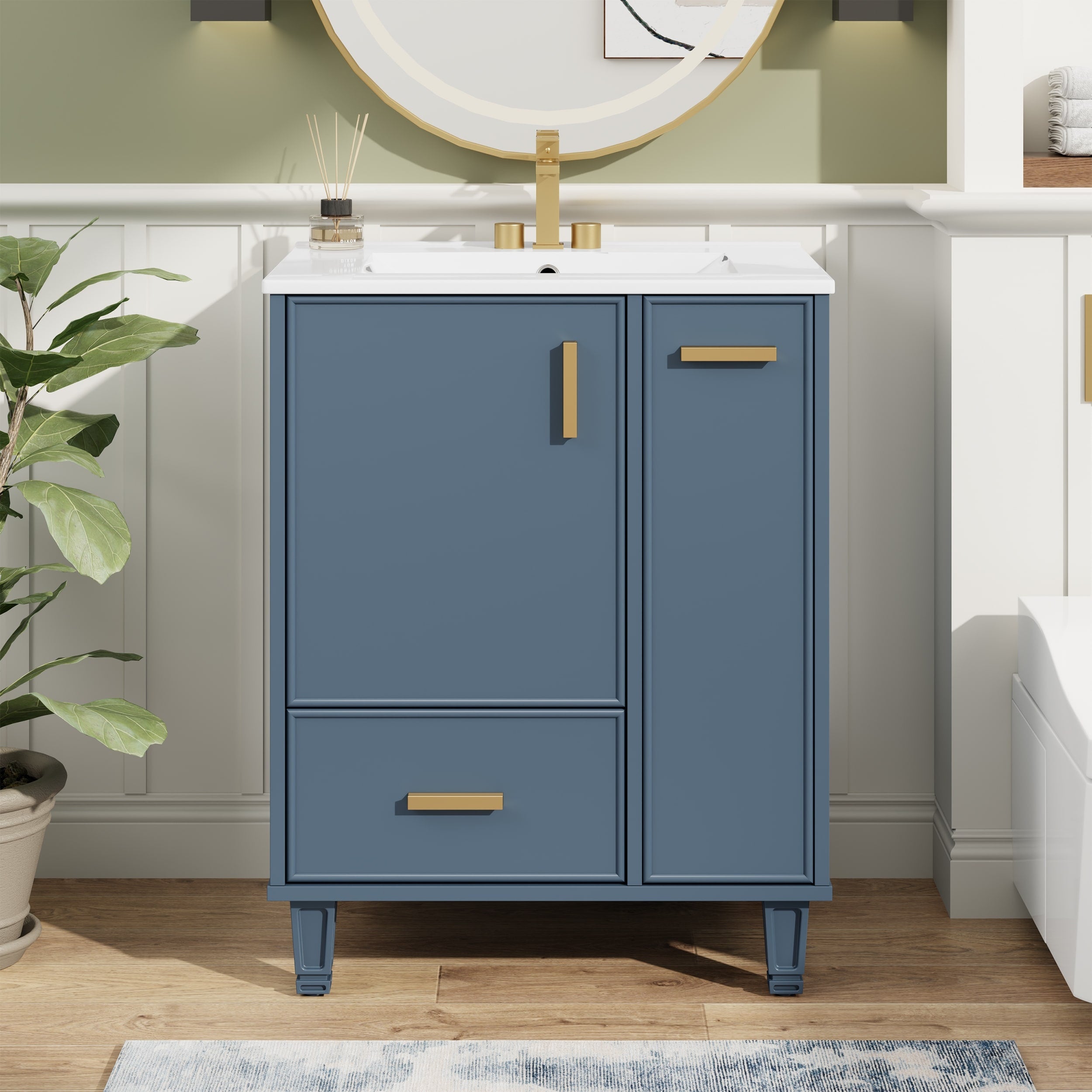 Roomfitters 24 Compact Bathroom Vanity With Ceramic Sink Solid Wood Frame 2 Tier Pull Out Basket And Deep Drawer Grey