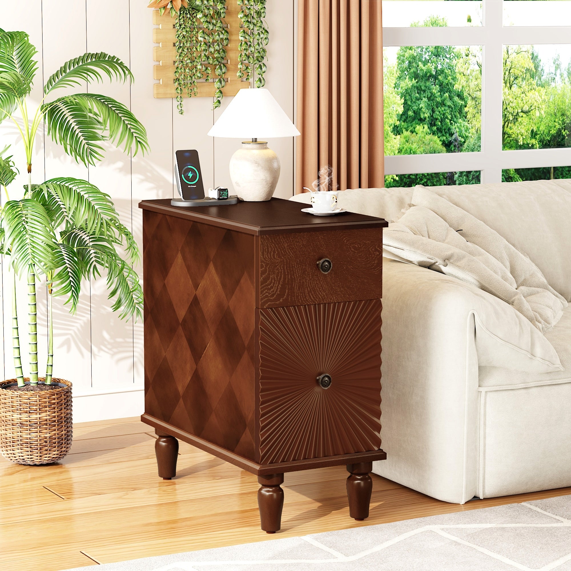 Roomfitters 24 Narrow Side Table Charging Nightstand With Wooden Legs For Living Room Walnut