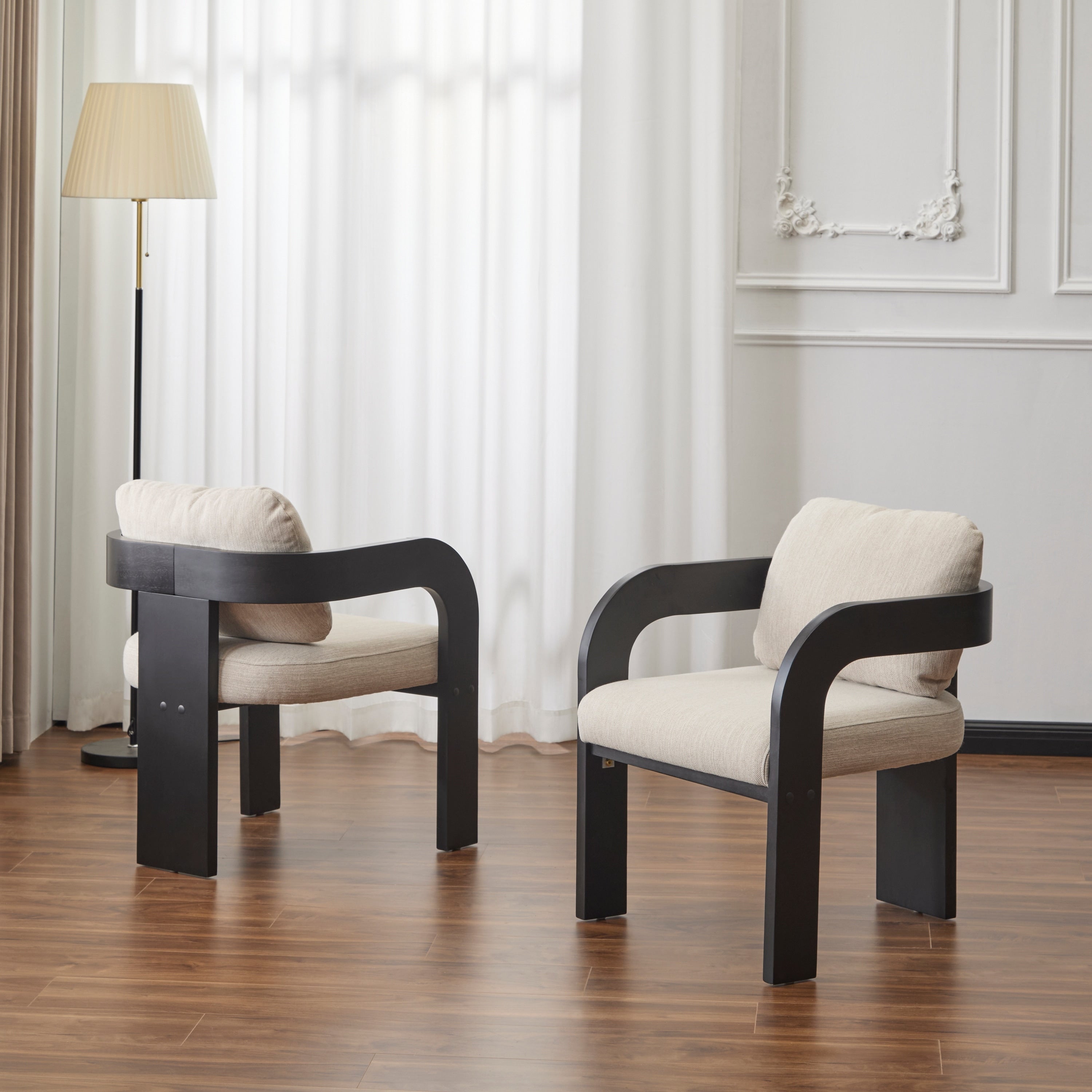 Roomfitters 24 Set Of 2 Upholstered Dining Chairs Modern Japandi Side Chairs With Curved Armrests And Slab Legs Beige Black