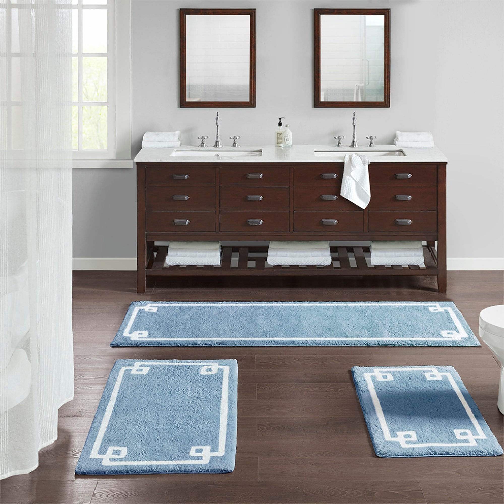 Roomfitters 24X40 Cotton Tufted Bath Rug Blue White Hotel Style Bordered Rug Soft Washable Bathroom Rug Non Skid Backing