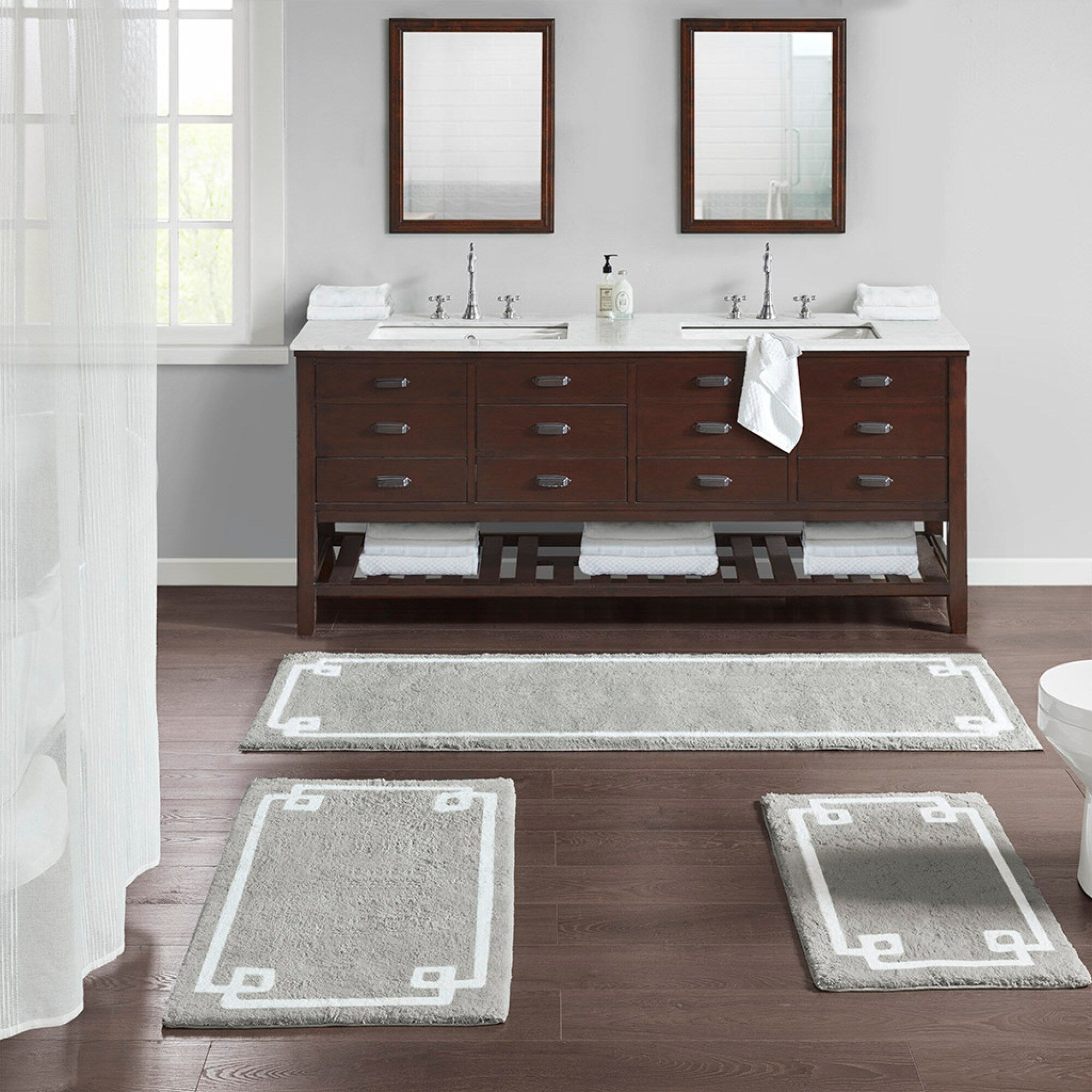 Roomfitters 24X40 Cotton Tufted Bath Rug Grey White Hotel Style Bordered Rug Soft Absorbent Washable Bathroom Rug Non Skid