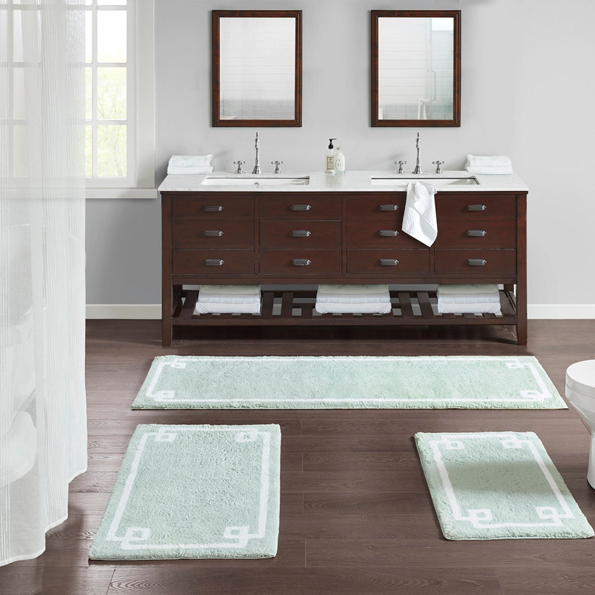 Roomfitters 24X40 Cotton Tufted Bath Rug Seafoam White Hotel Style Bordered Rug Absorbent Washable Bath Rug Non Skid Back