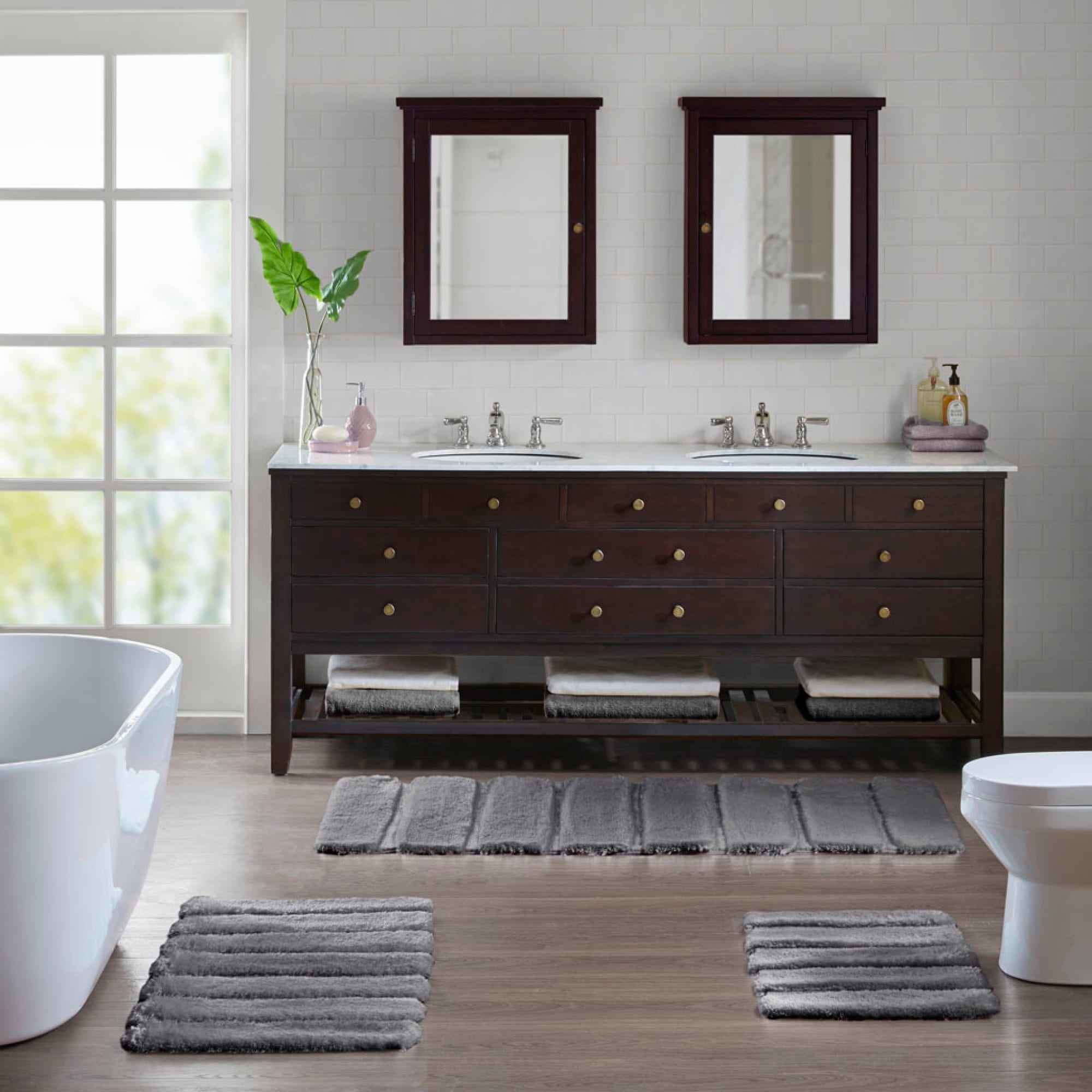 Roomfitters 24X58 High Low Stripe Tufted Bath Rug Grey Shabby Chic Bathroom Carpet Soft Macro Spun Polyester Non Skid Rug