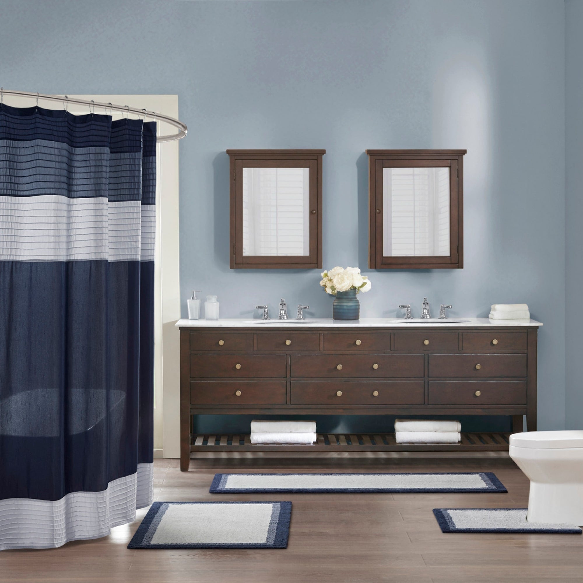 Roomfitters 24X60 Cotton Tufted Bath Rug Navy Light Grey Triple Border Runner Soft Absorbent Washable Luxury Bathroom Rug