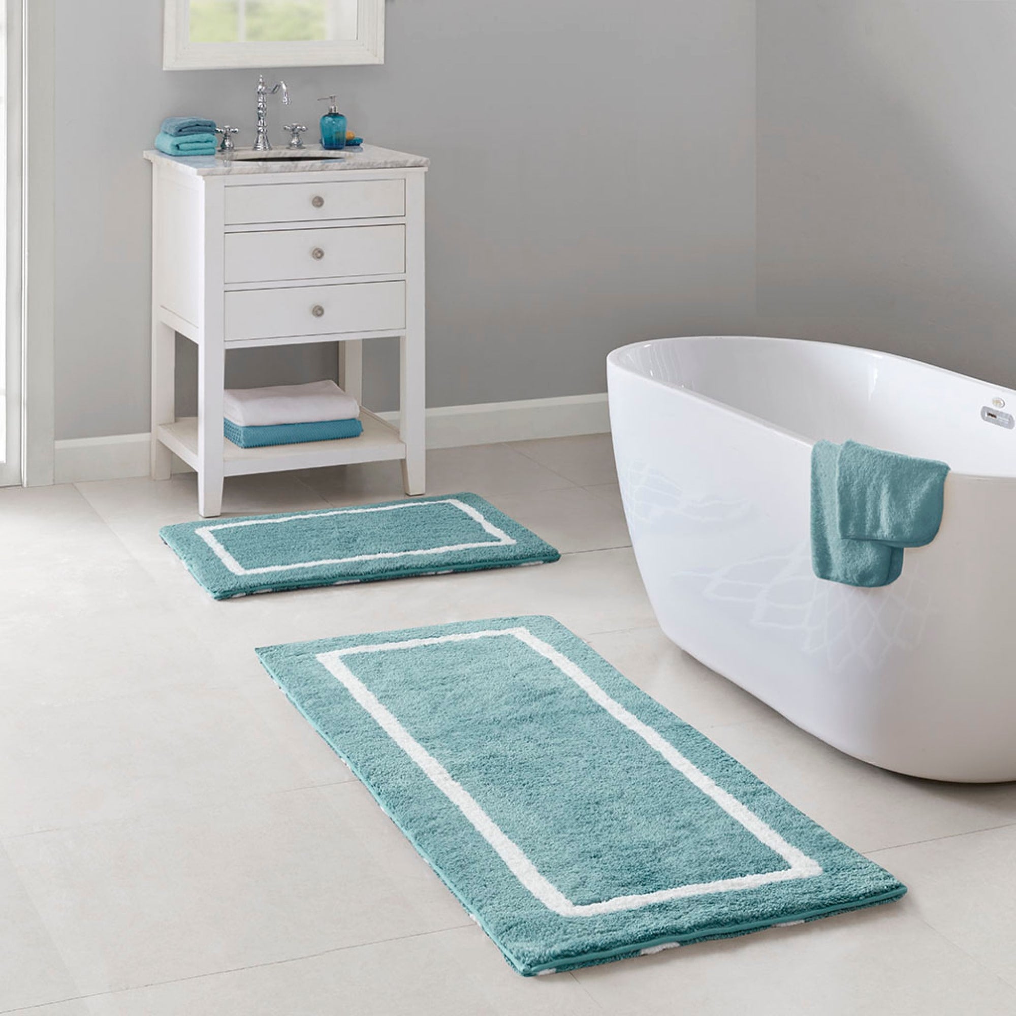 Roomfitters 24X60 Reversible High Pile Tufted Bath Rug Aqua Blue White Geometric Runner Soft Washable Luxury Bath Rug Set