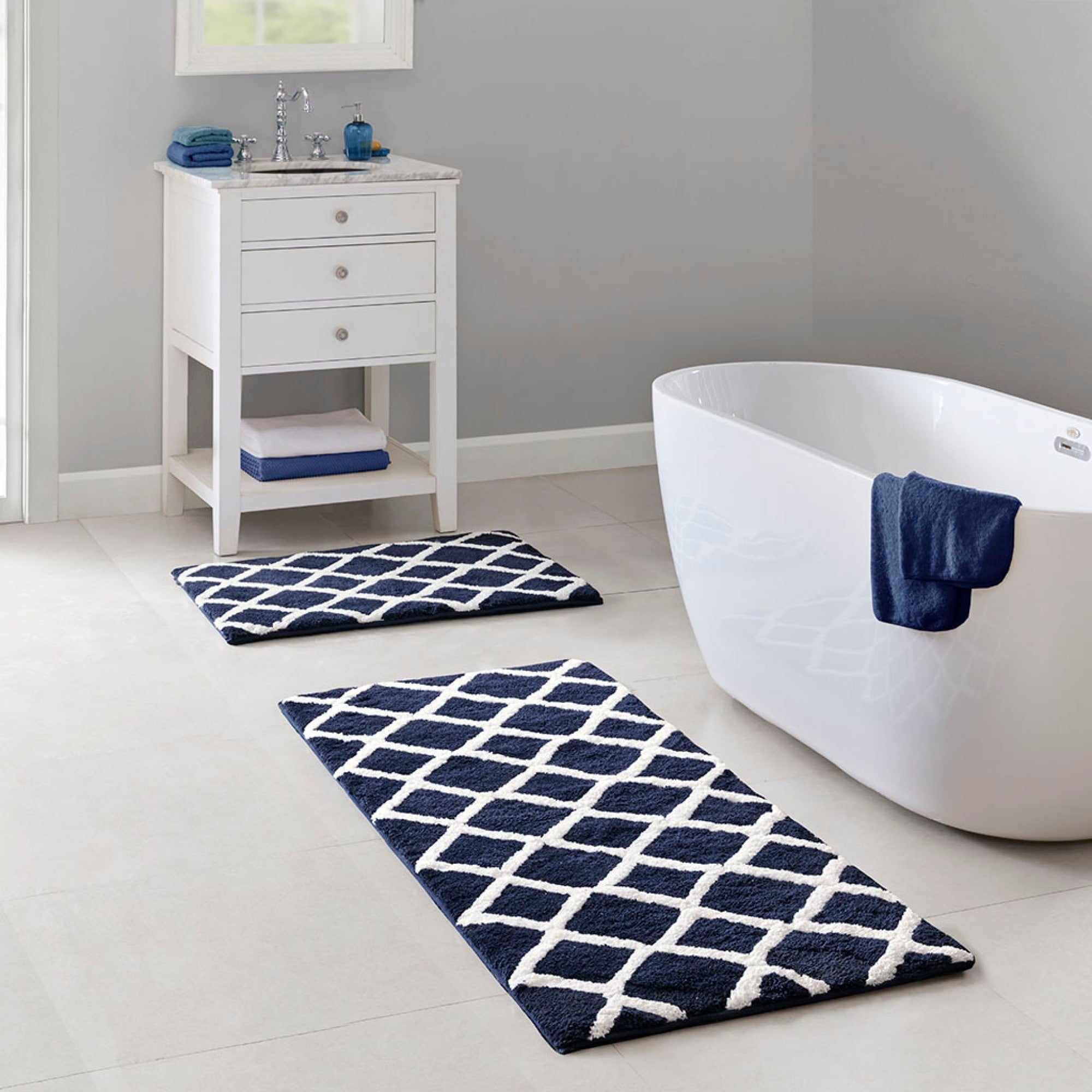 Roomfitters 24X60 Reversible High Pile Tufted Bath Rug Navy Blue White Geometric Runner Soft Washable Luxury Bath Rug Set