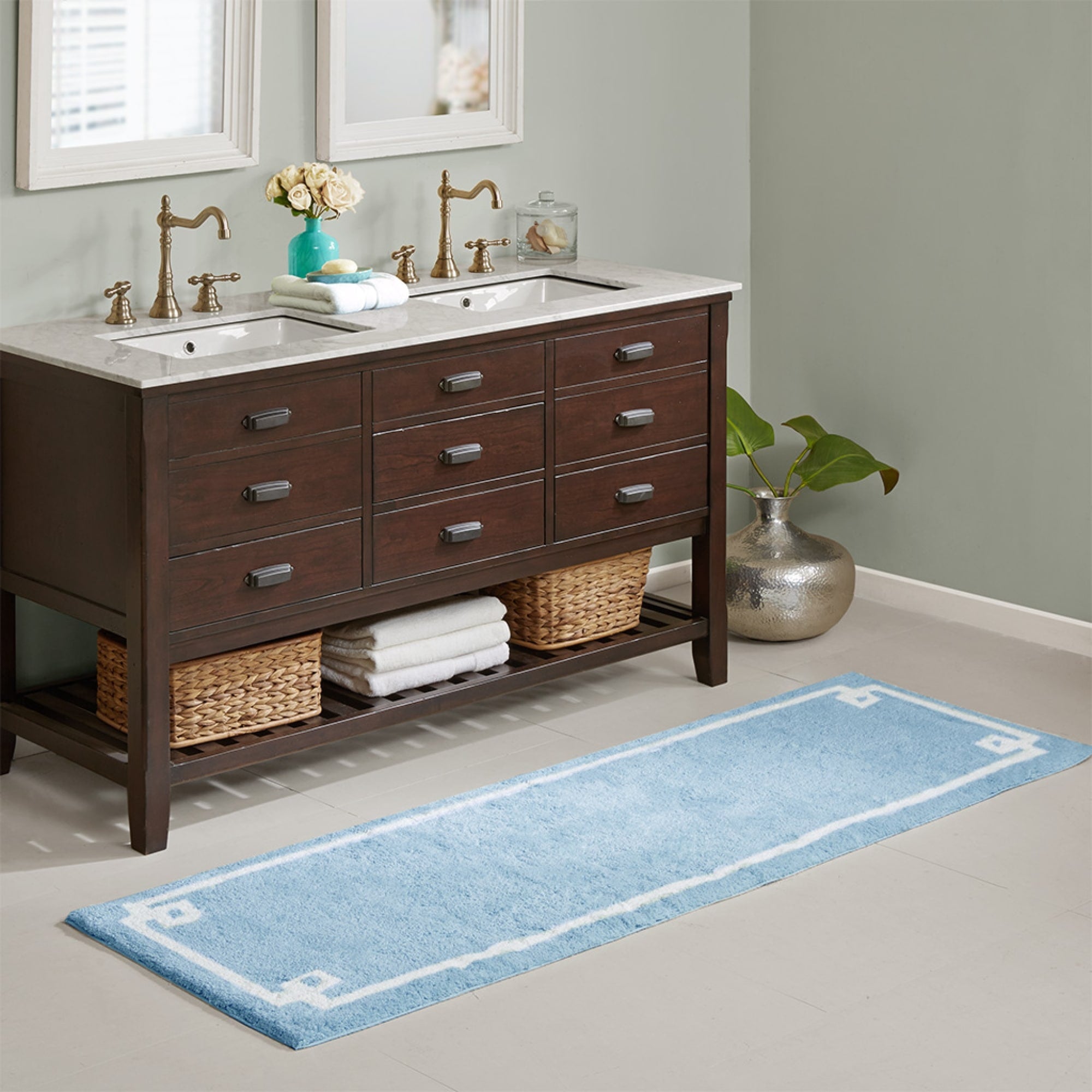 Roomfitters 24X72 Cotton Tufted Bath Rug Blue White Hotel Style Bordered Rug Soft Washable Bathroom Rug Non Skid Backing