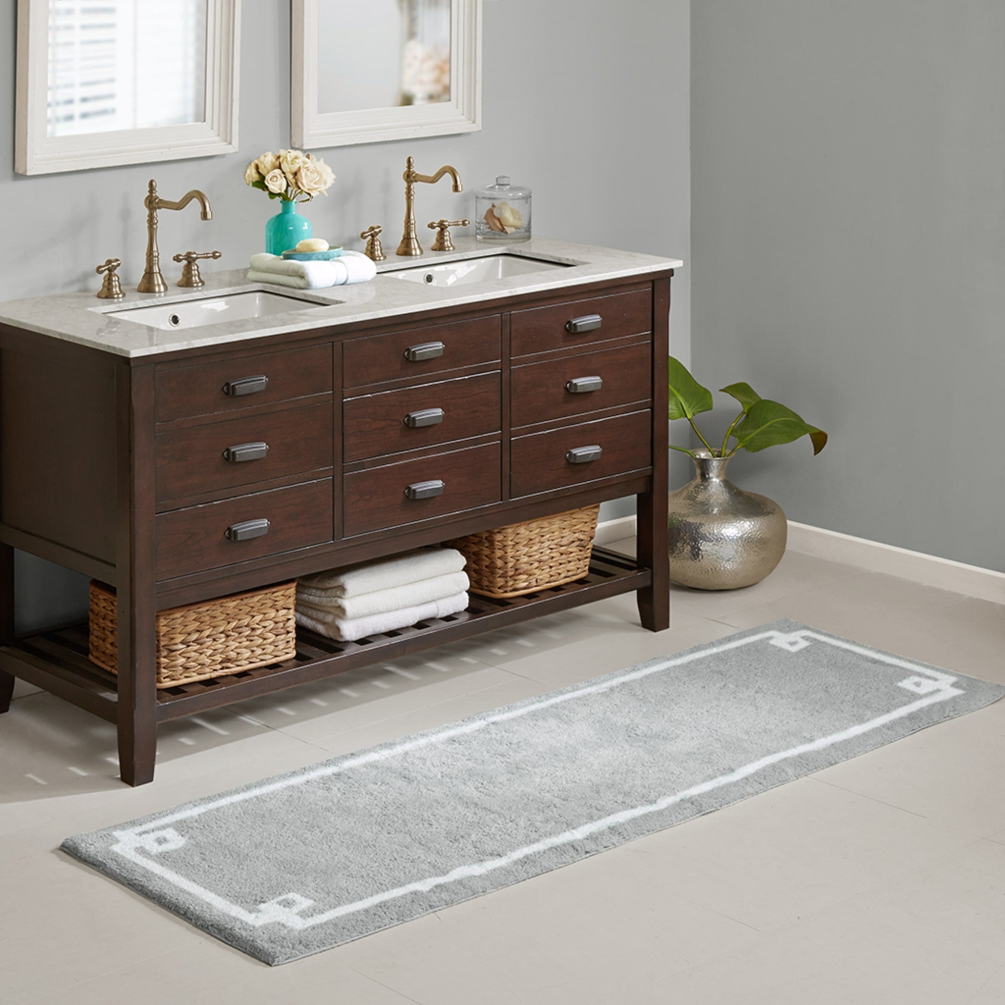Roomfitters 24X72 Cotton Tufted Bath Rug Grey White Hotel Style Bordered Rug Soft Absorbent Washable Bathroom Rug Non Skid