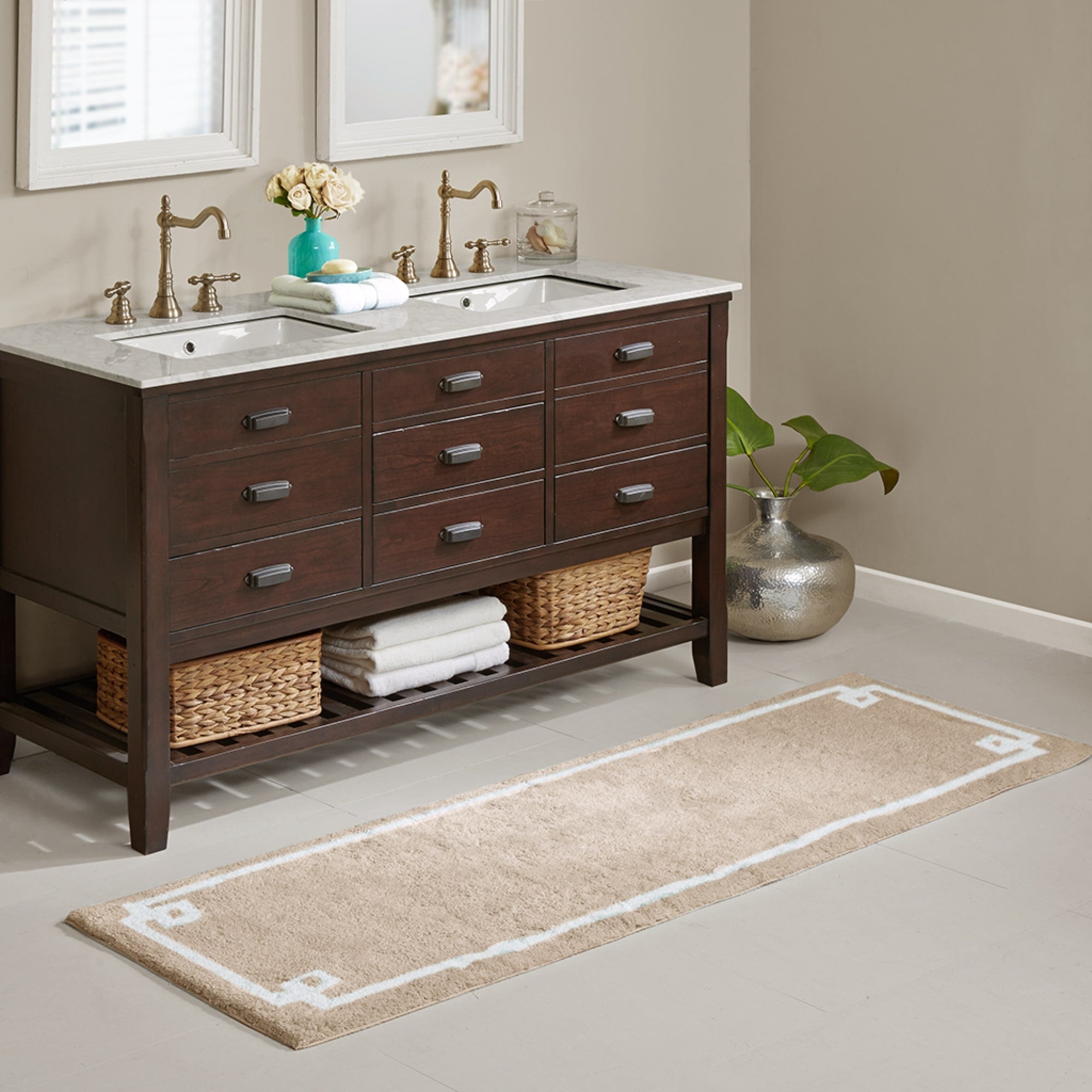 Roomfitters 24X72 Cotton Tufted Bath Rug Taupe White Hotel Style Bordered Rug Soft Absorbent Washable Bathroom Rug Non Skid