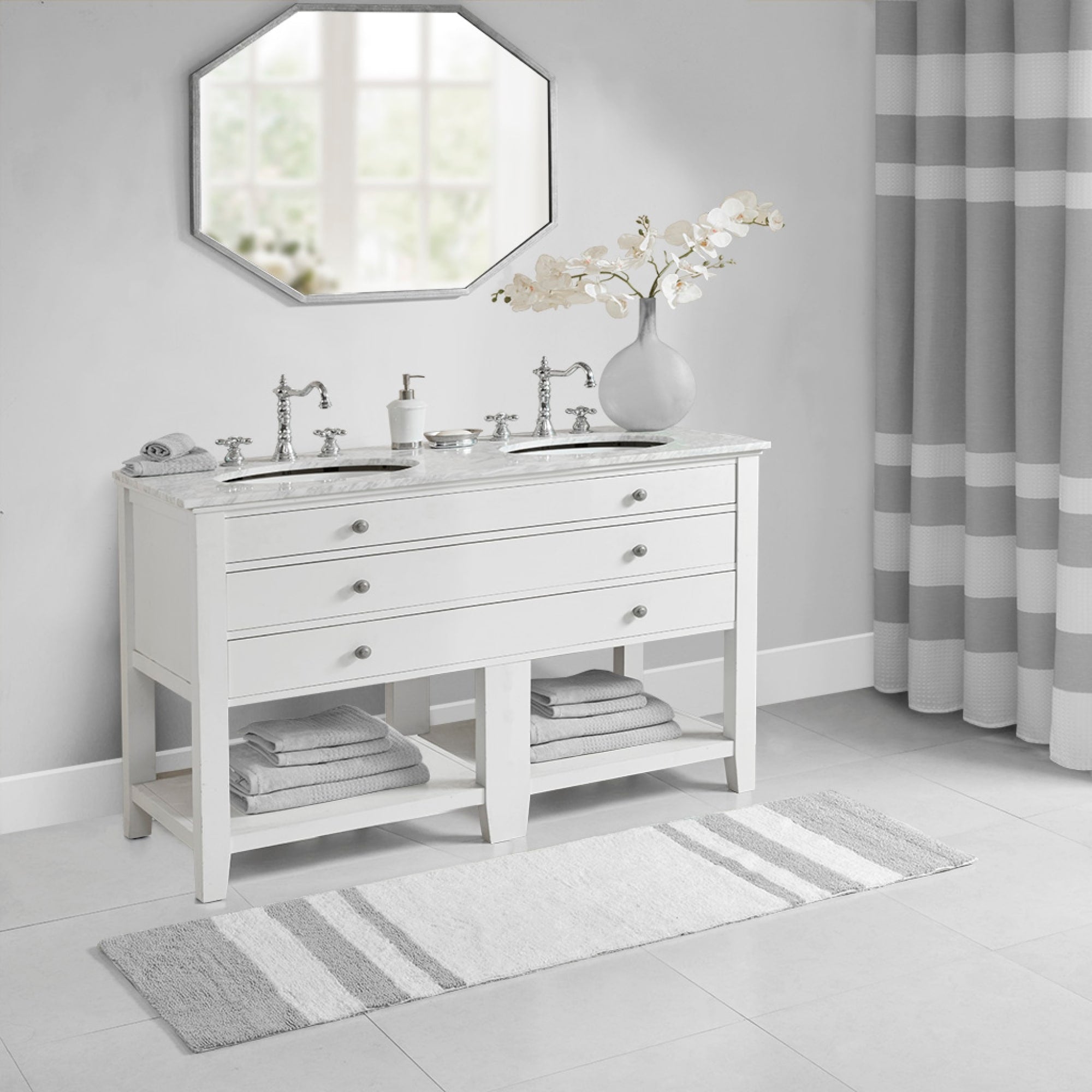 Roomfitters 24X72 Reversible Bath Rug Grey White Casual Stripe Cotton Runner Long Soft Absorbent Washable Luxury Bath Rug
