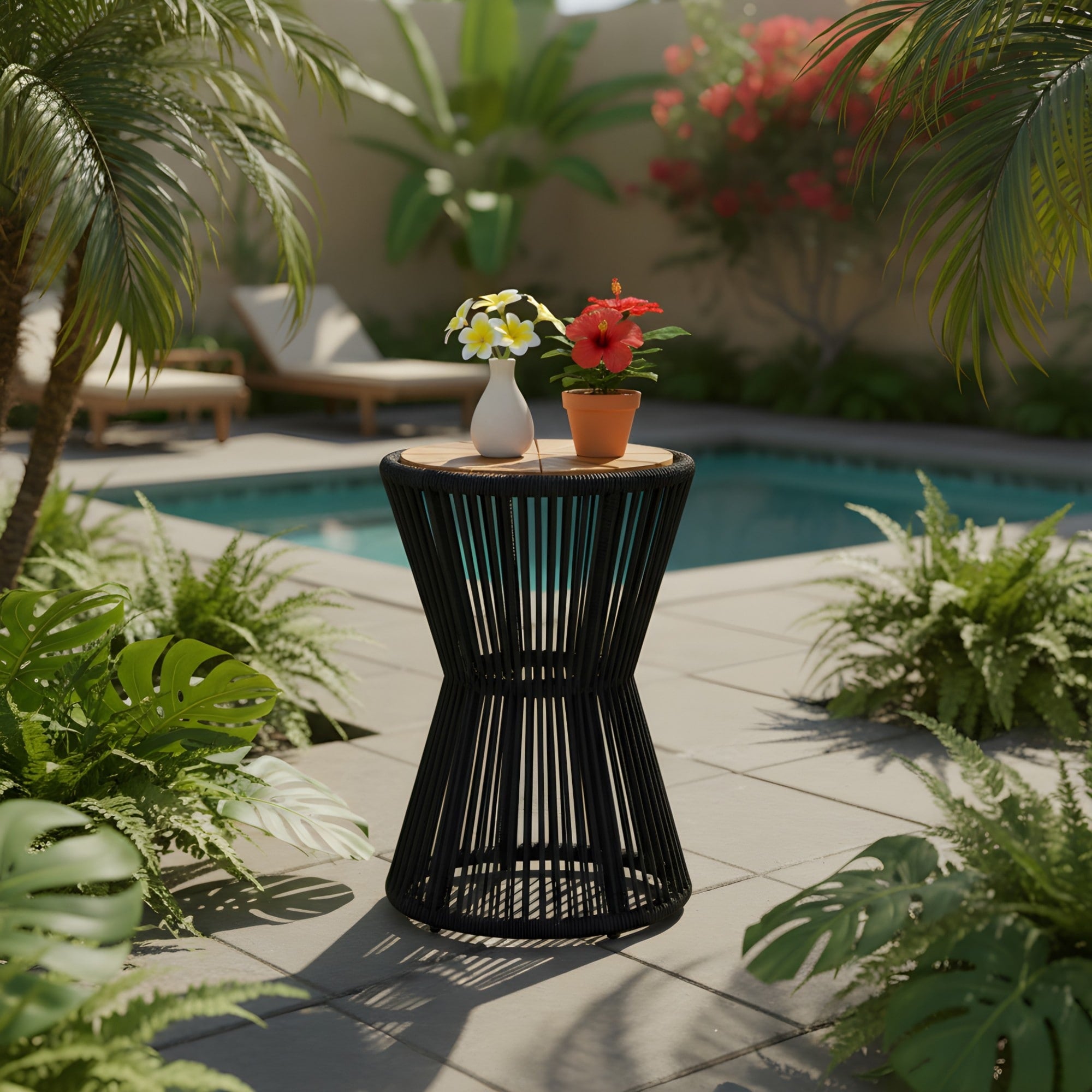 Roomfitters 25.8 Outdoor Side Table Modern Woven Rope Hourglass Patio Accent Table With Teak Wood Finish Top