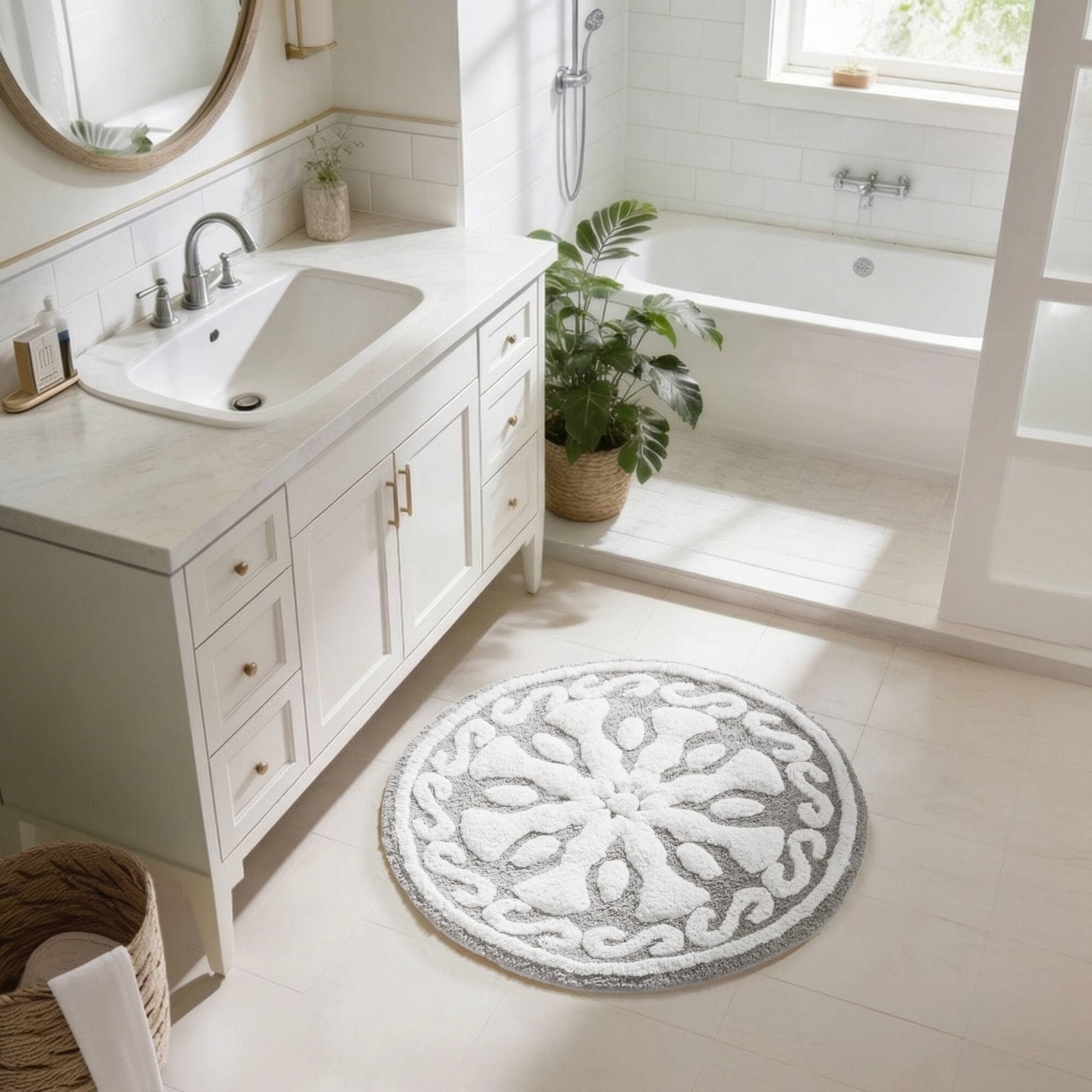 Roomfitters 25 Medallion Cotton Tufted Bath Rug Grey White Bohemian Round Carpet Soft Absorbent Washable Luxury Bathroom