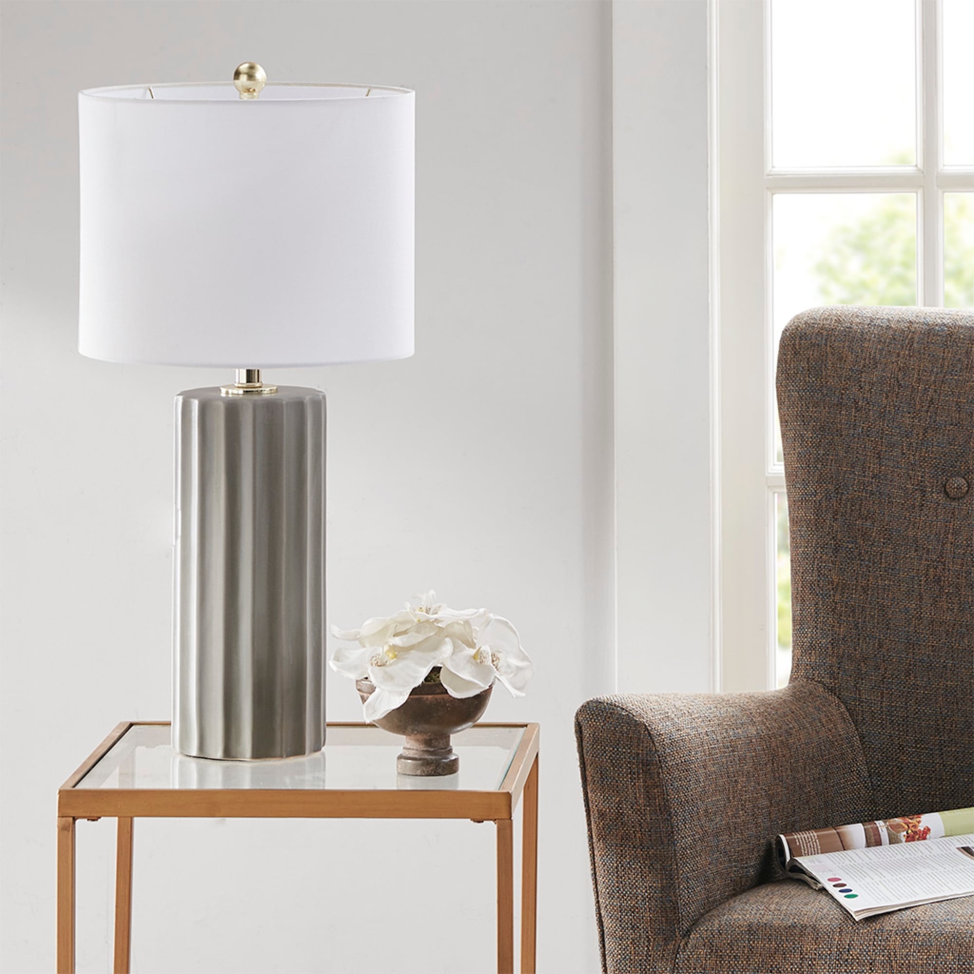 Roomfitters 27 Inch Ribbed Gray Ceramic Table Lamp Modern Fluted Desk Lamp With White Linen Drum Shade And Led Bulb