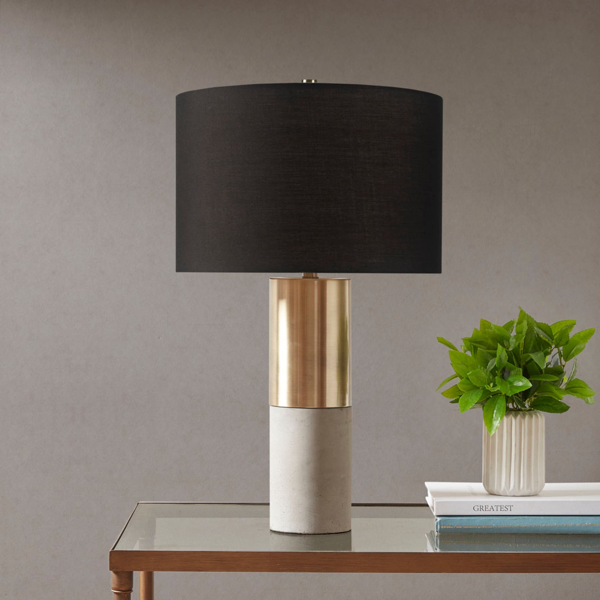 Roomfitters 27.5 Inch Modern Industrial Concrete And Plated Brass Table Lamp Black Drum Shade Accent Lighting For Living Room