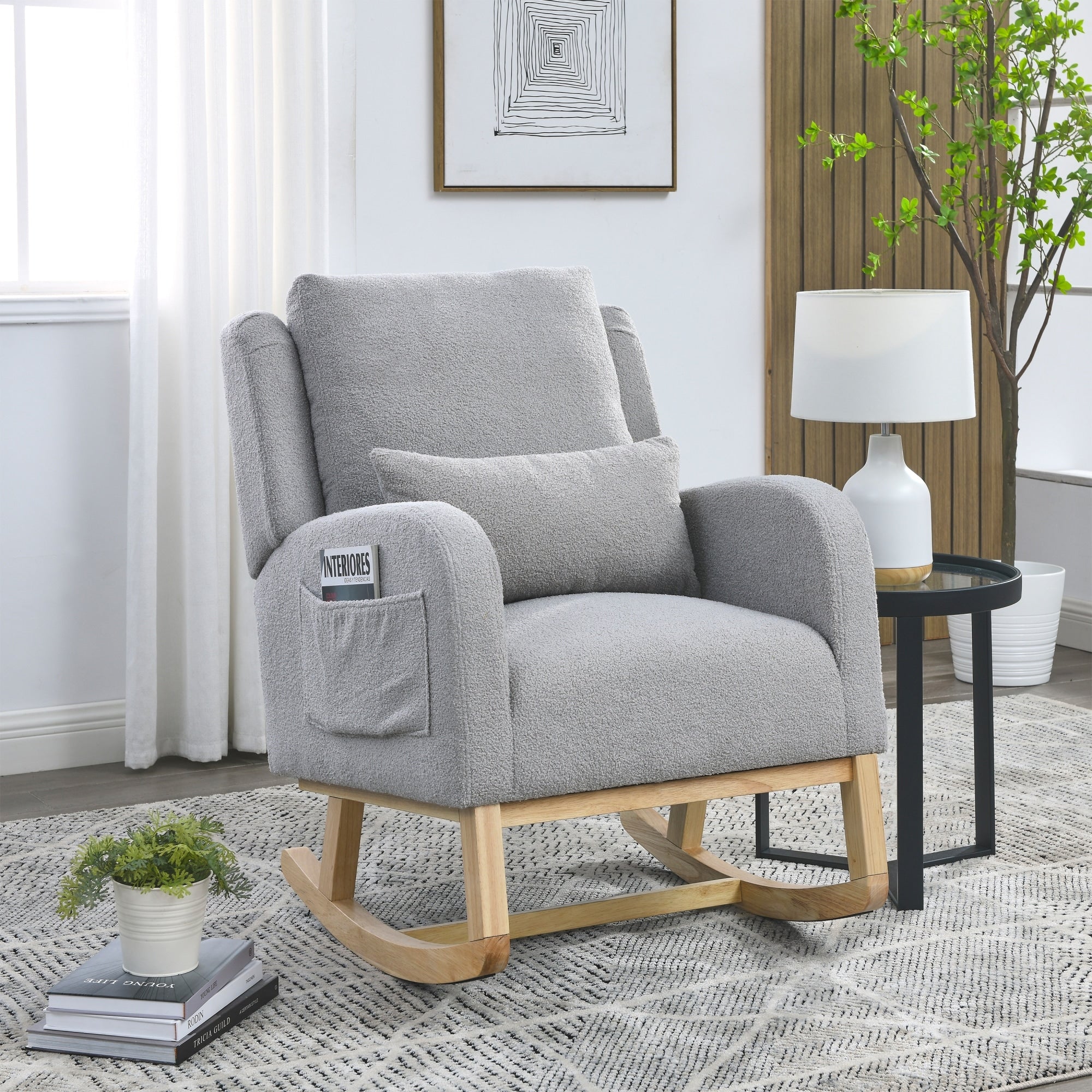 Roomfitters 27.5 W Sherpa Rocking Chair Modern Upholstered Armchair Rocker With Side Pocket And Lumbar Pillow Grey