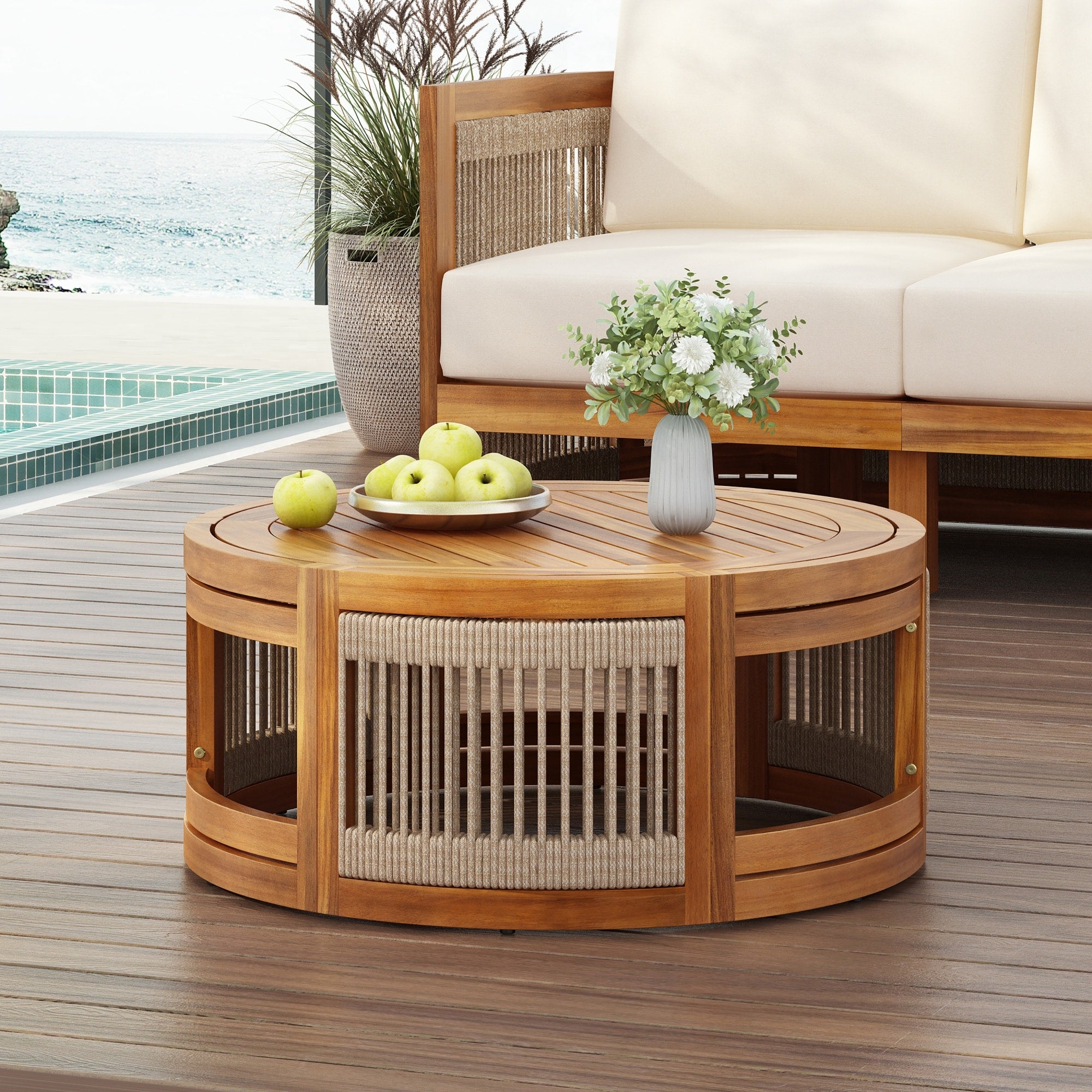 Roomfitters 27.95 Inch Acacia Wood Outdoor Coffee Table Handwoven Rope Accent Boho Patio Table Slatted Garden Center