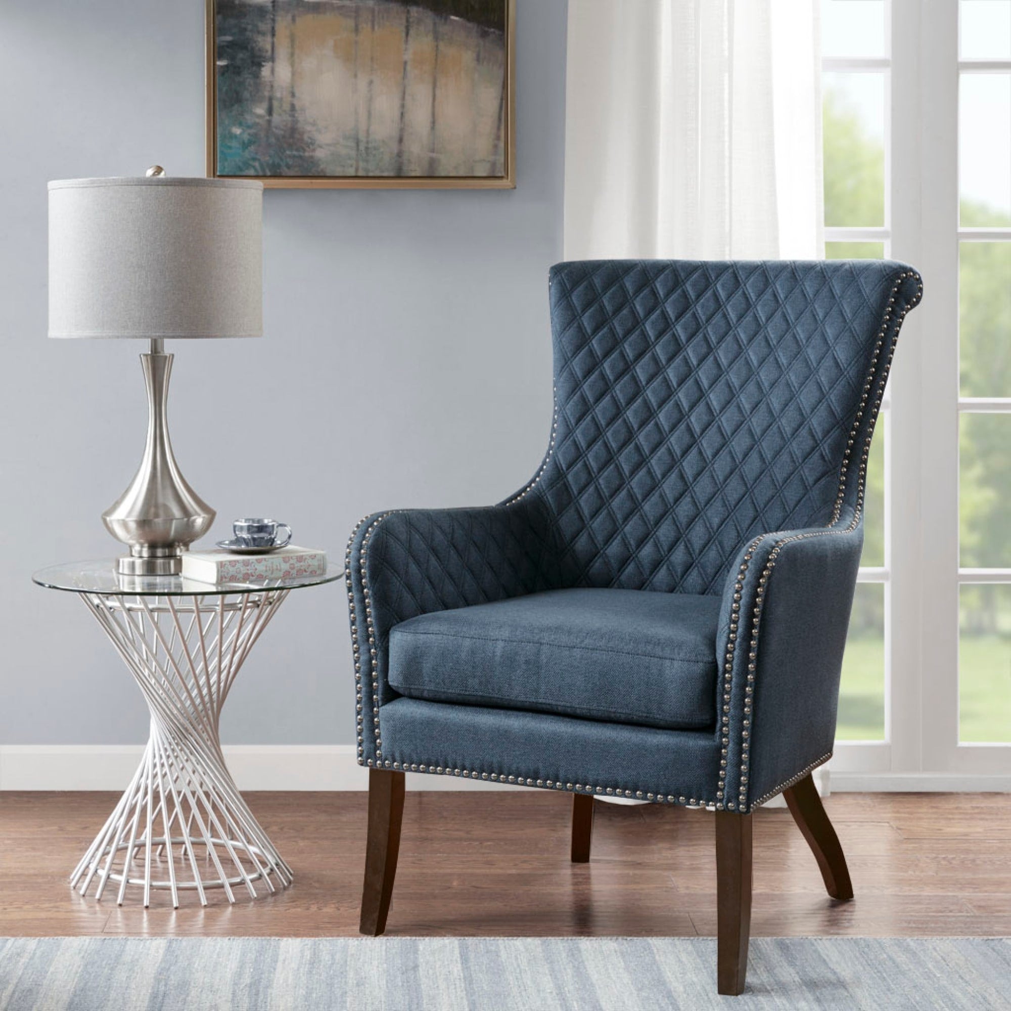 Roomfitters 27 Modern Upholstered Accent Chair With Quilted Back Silver Nailhead Trim And Solid Wood Legs Dark Blue