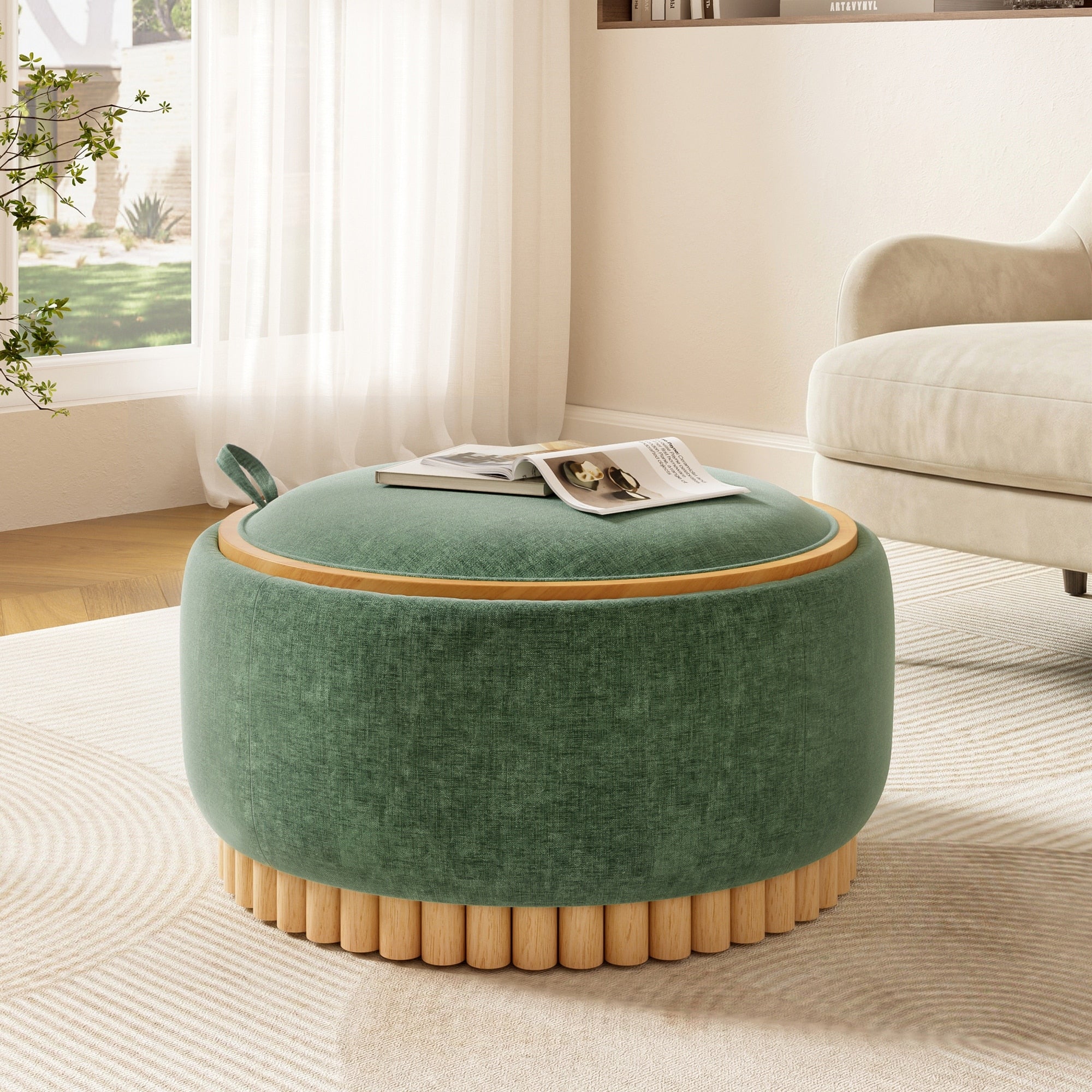 Roomfitters 29 Inch Round Storage Ottoman With Reversible Wooden Tray Top Upholstered Coffee Table For Living Room