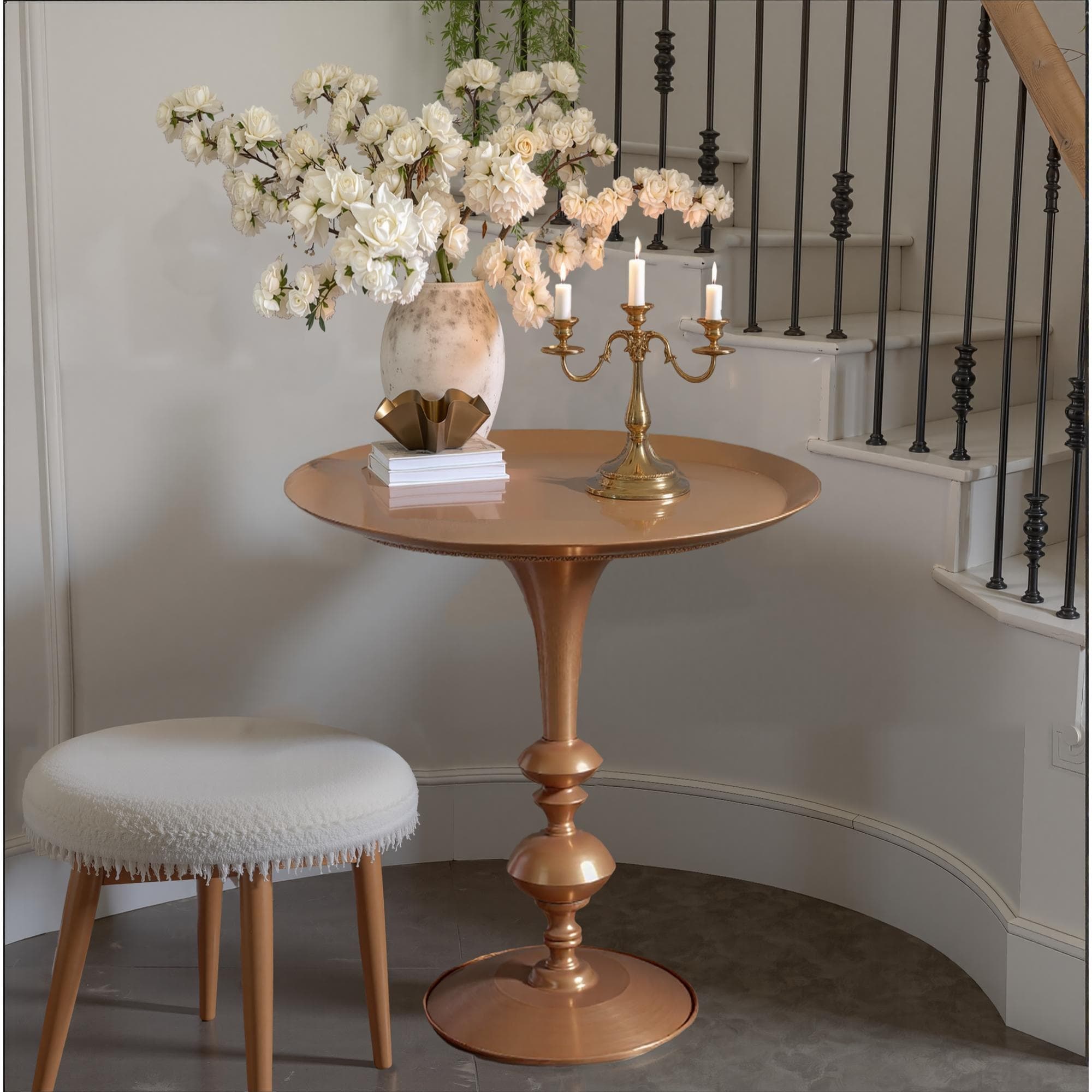 Roomfitters 29.3 Inch Tall Round Metal End Table With Tray Top Pedestal Accent Side Table For Living Room Bedroom Gold