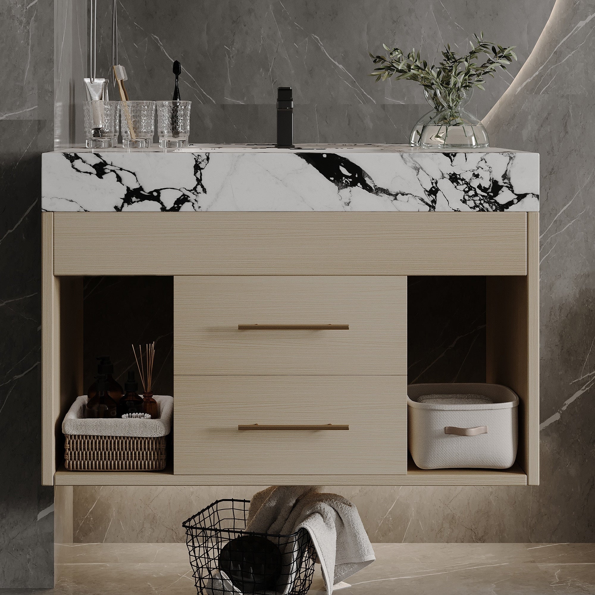 Roomfitters 29.9 Floating Bathroom Vanity With Panda Marble Top Wall Mount Wood Storage Cabinet Gold Handles