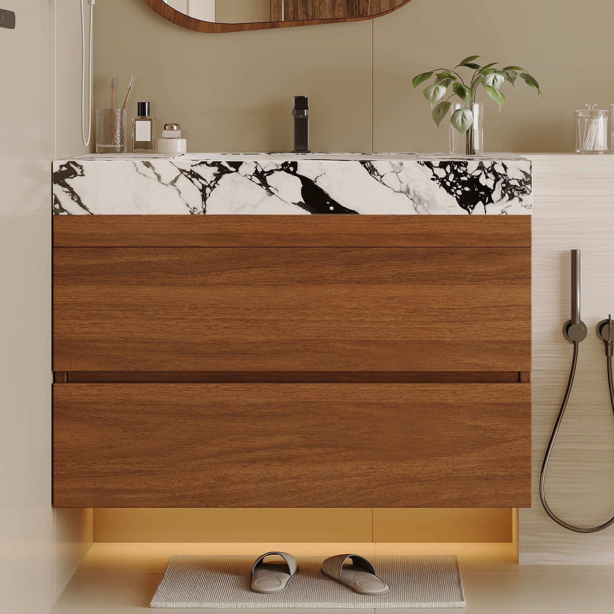 Roomfitters 29.9 Floating Bathroom Vanity With Single Sink Wall Mount Walnut Wood Cabinet Walnut White And Black