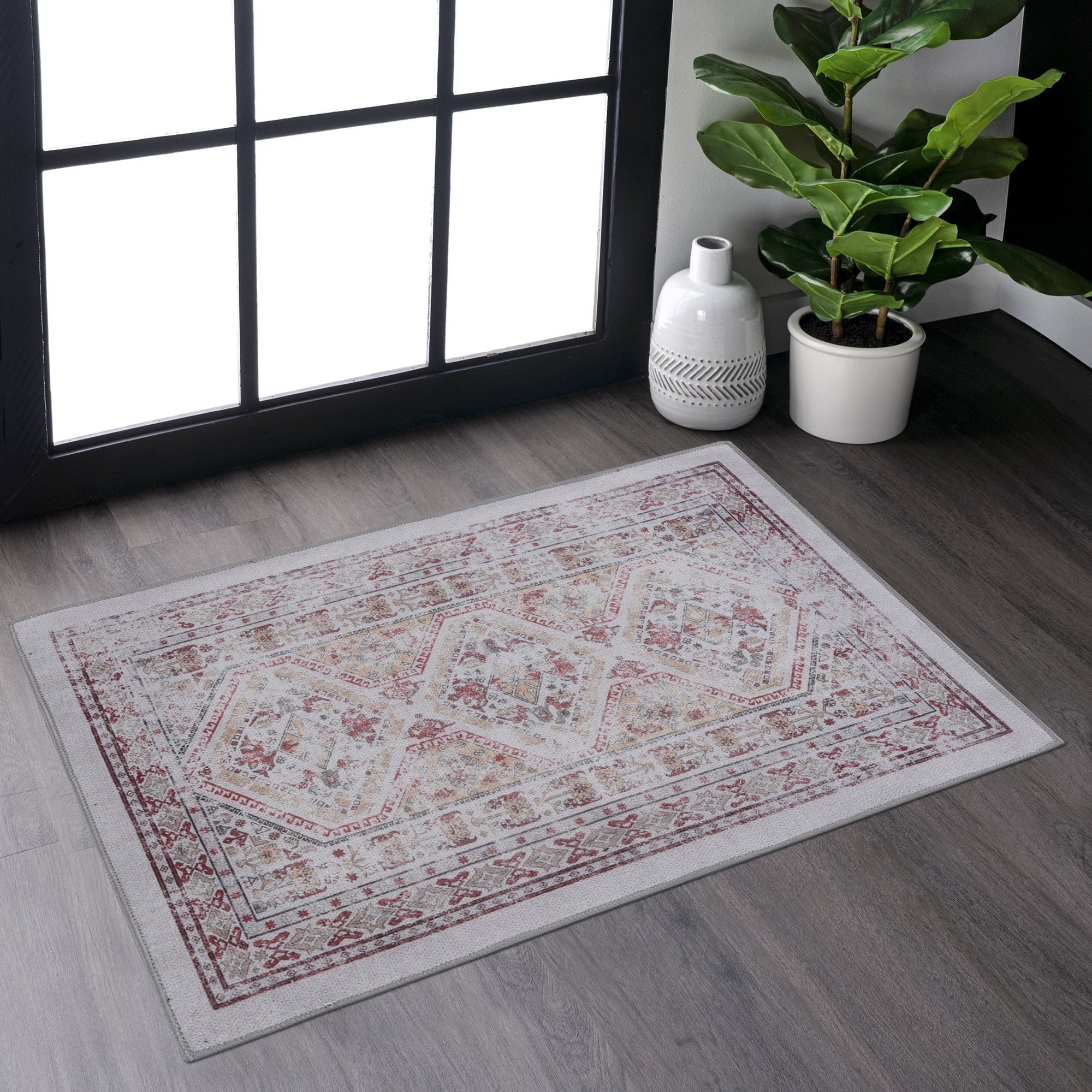 Roomfitters 2 X 3 Machine Washable Boho Vintage Area Rug Non Slip Pet Friendly Indoor Living Room Decor Carpet Beige