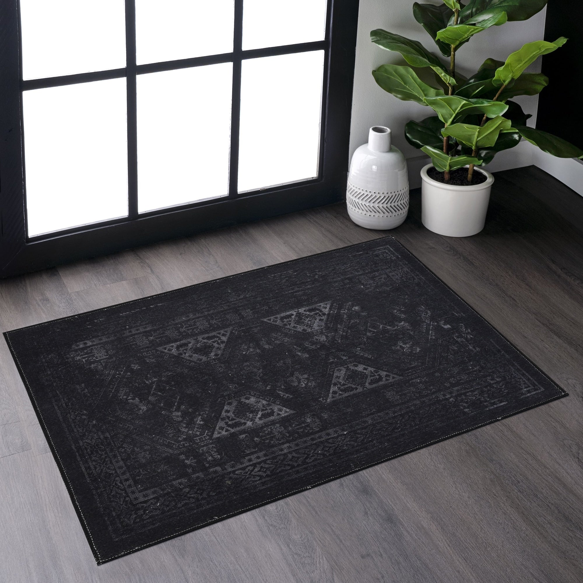 Roomfitters 2 X 3 Machine Washable Boho Vintage Area Rug Non Slip Pet Friendly Indoor Living Room Decor Carpet Black Gray