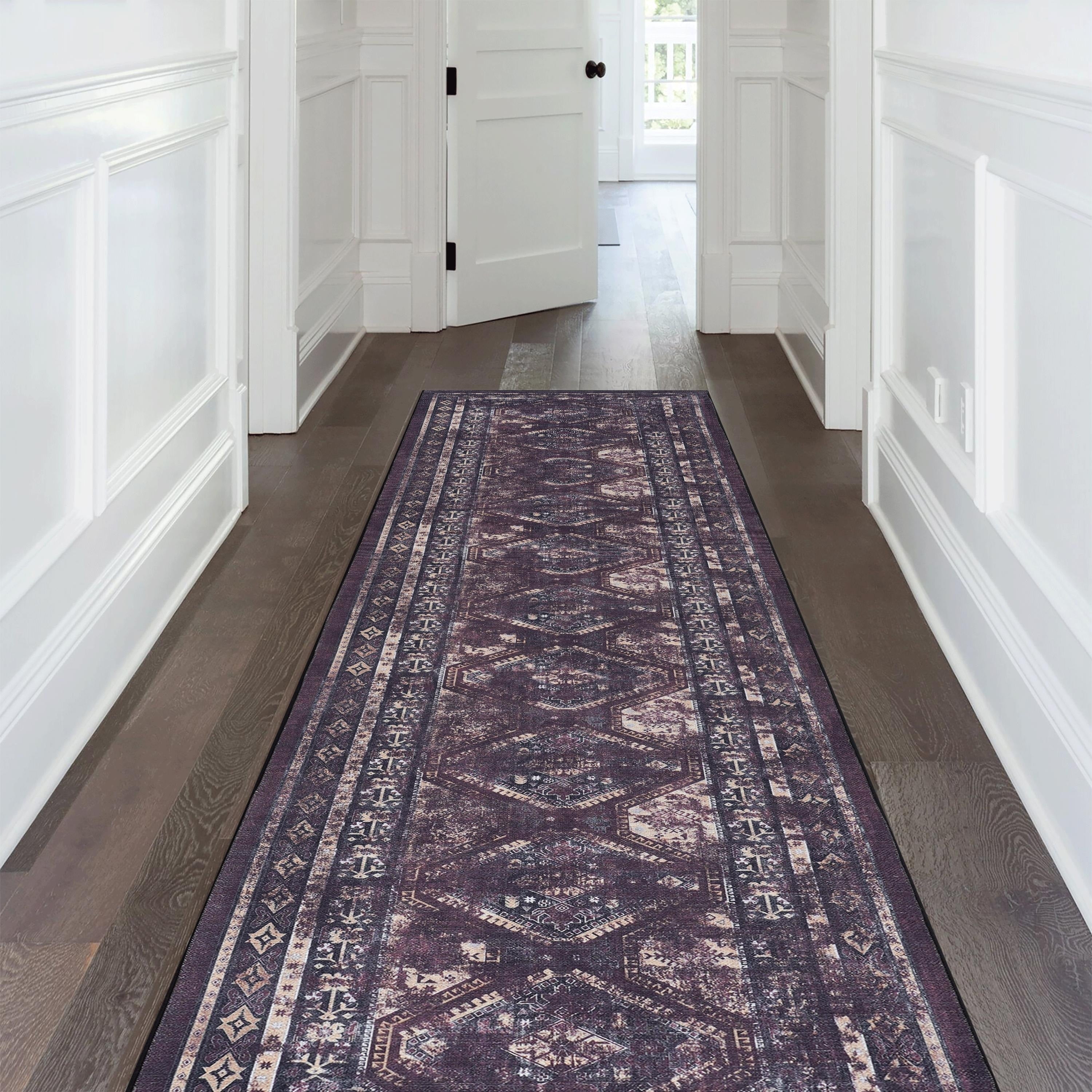 Roomfitters 26 X 10 Machine Washable Boho Vintage Area Rug Non Slip Pet Friendly Indoor Living Room Decor Carpet Black