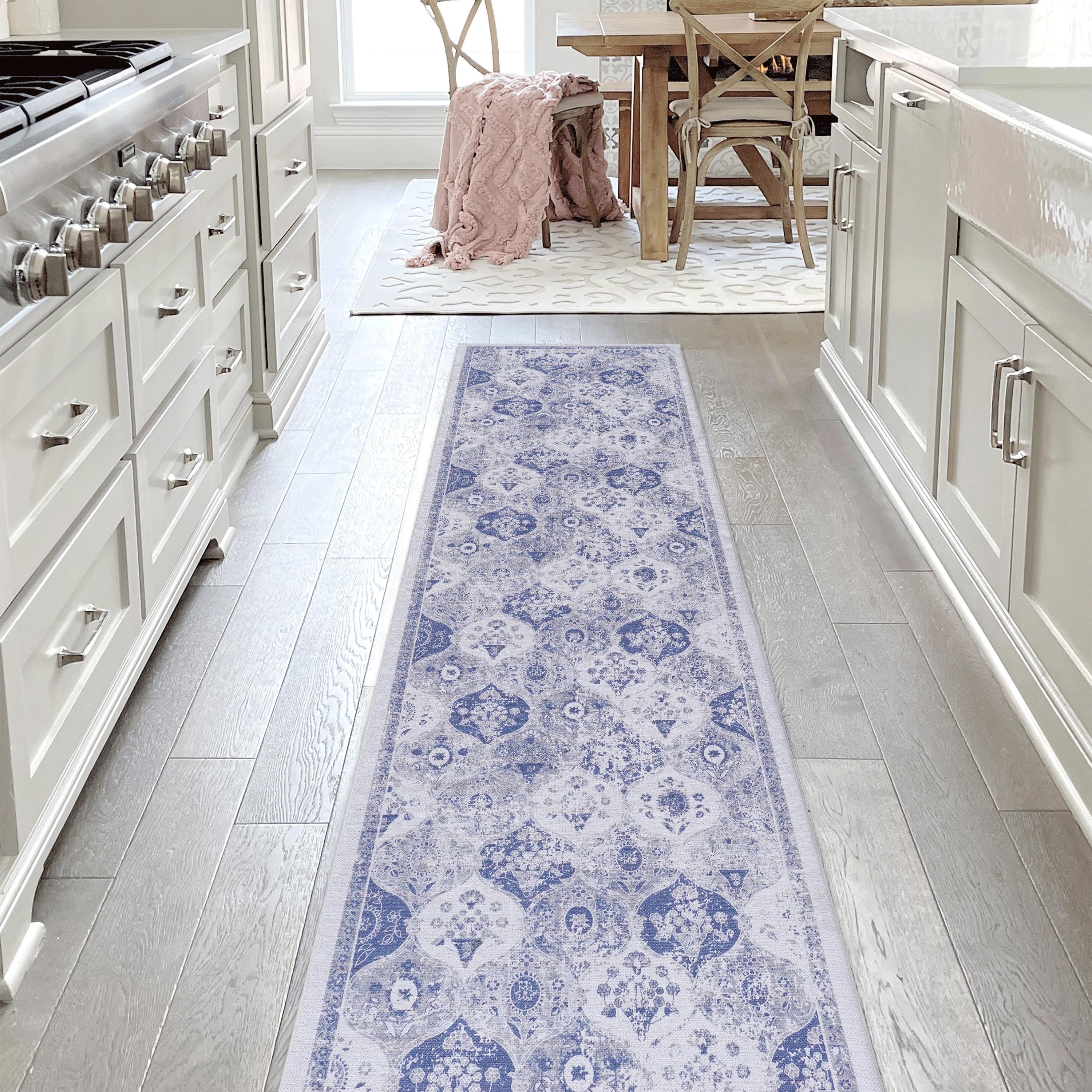 Roomfitters 26 X 10 Machine Washable Boho Vintage Area Rug Non Slip Pet Friendly Indoor Living Room Decor Carpet Blue