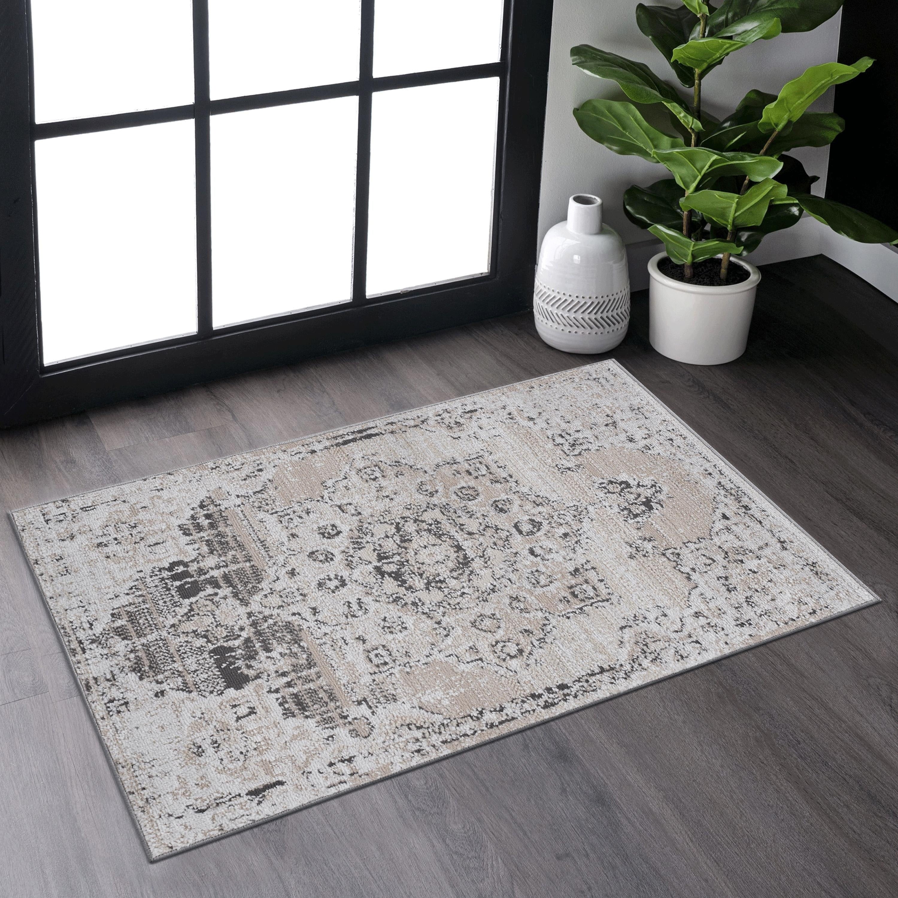 Roomfitters 2X3 Machine Washable Boho Vintage Area Rug Non Slip Pet Friendly Indoor Living Room Decor Carpet Cream