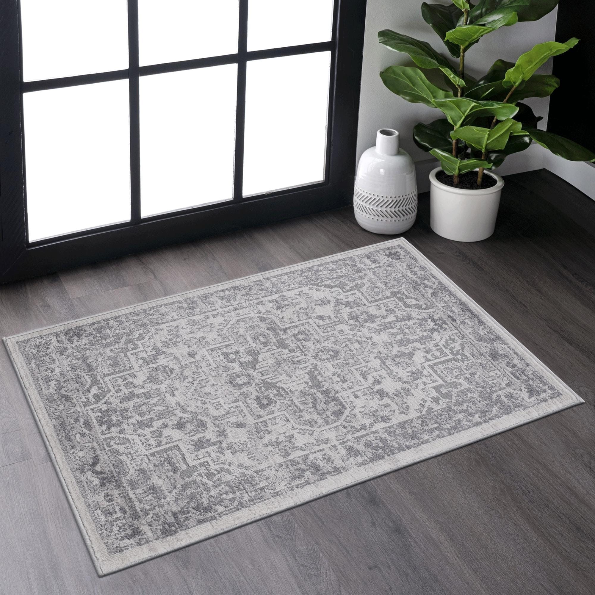 Roomfitters 2X3 Machine Washable Boho Vintage Area Rug Non Slip Pet Friendly Indoor Living Room Decor Carpet Silver
