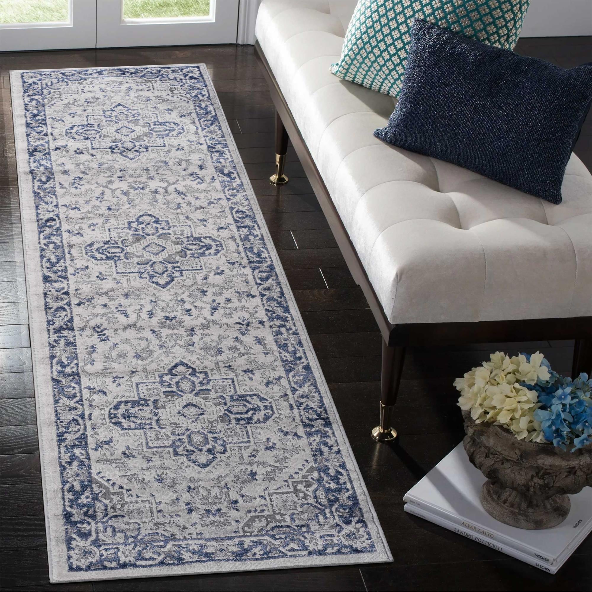 Roomfitters 2X8 Machine Washable Boho Vintage Area Rug Non Slip Pet Friendly Indoor Living Room Decor Carpet Blue Grey