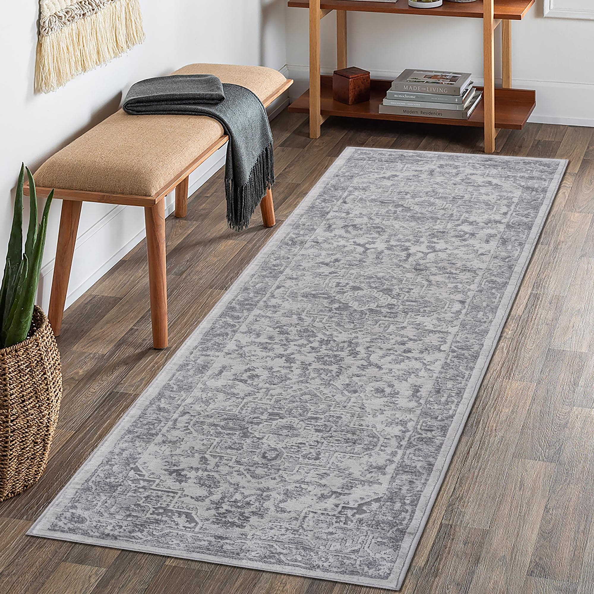 Roomfitters 2X8 Machine Washable Boho Vintage Area Rug Non Slip Pet Friendly Indoor Living Room Decor Carpet Silver