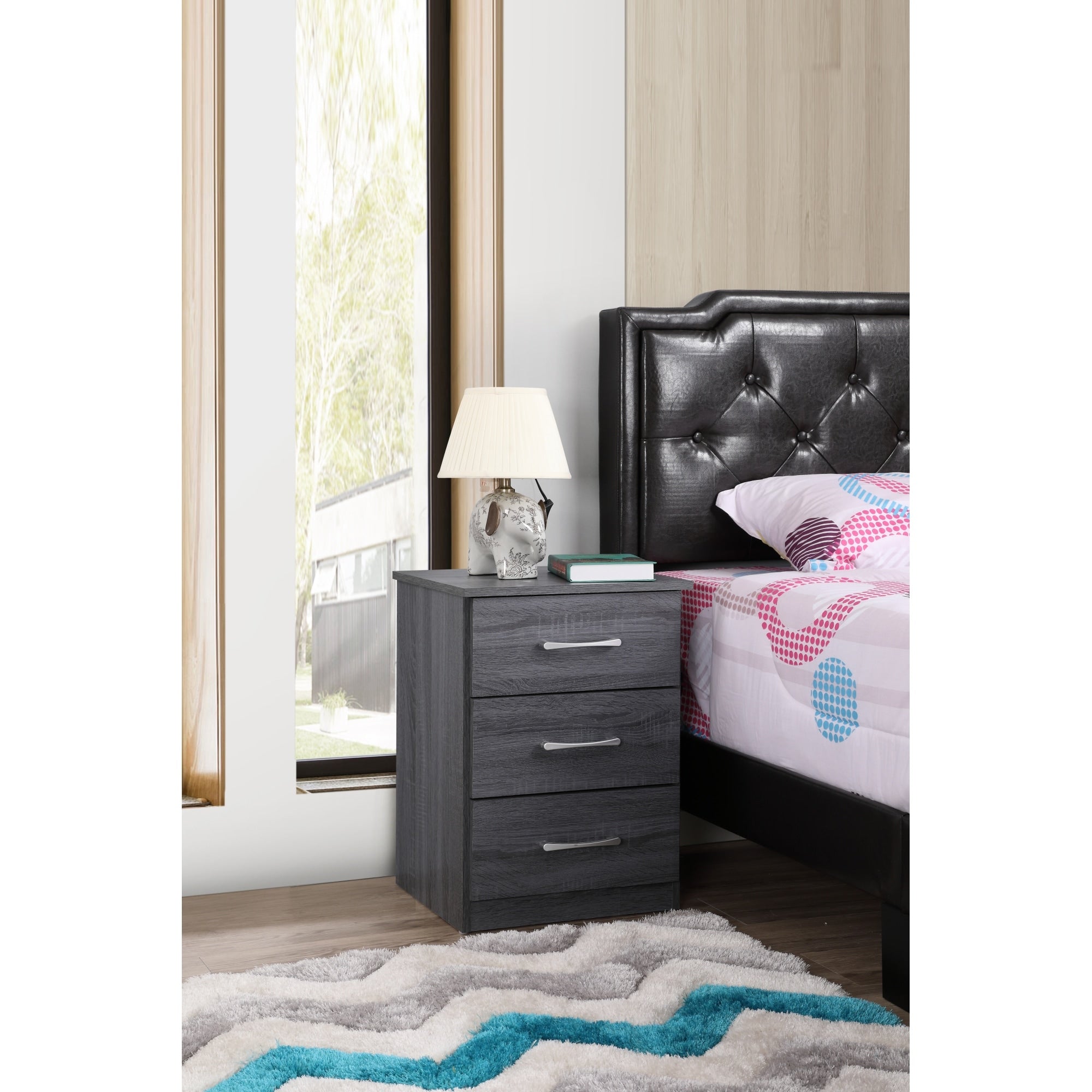 Roomfitters 3 Drawer Nightstand Chic Wood Grain Silver Handles Contemporary Modern Bedroom End Table