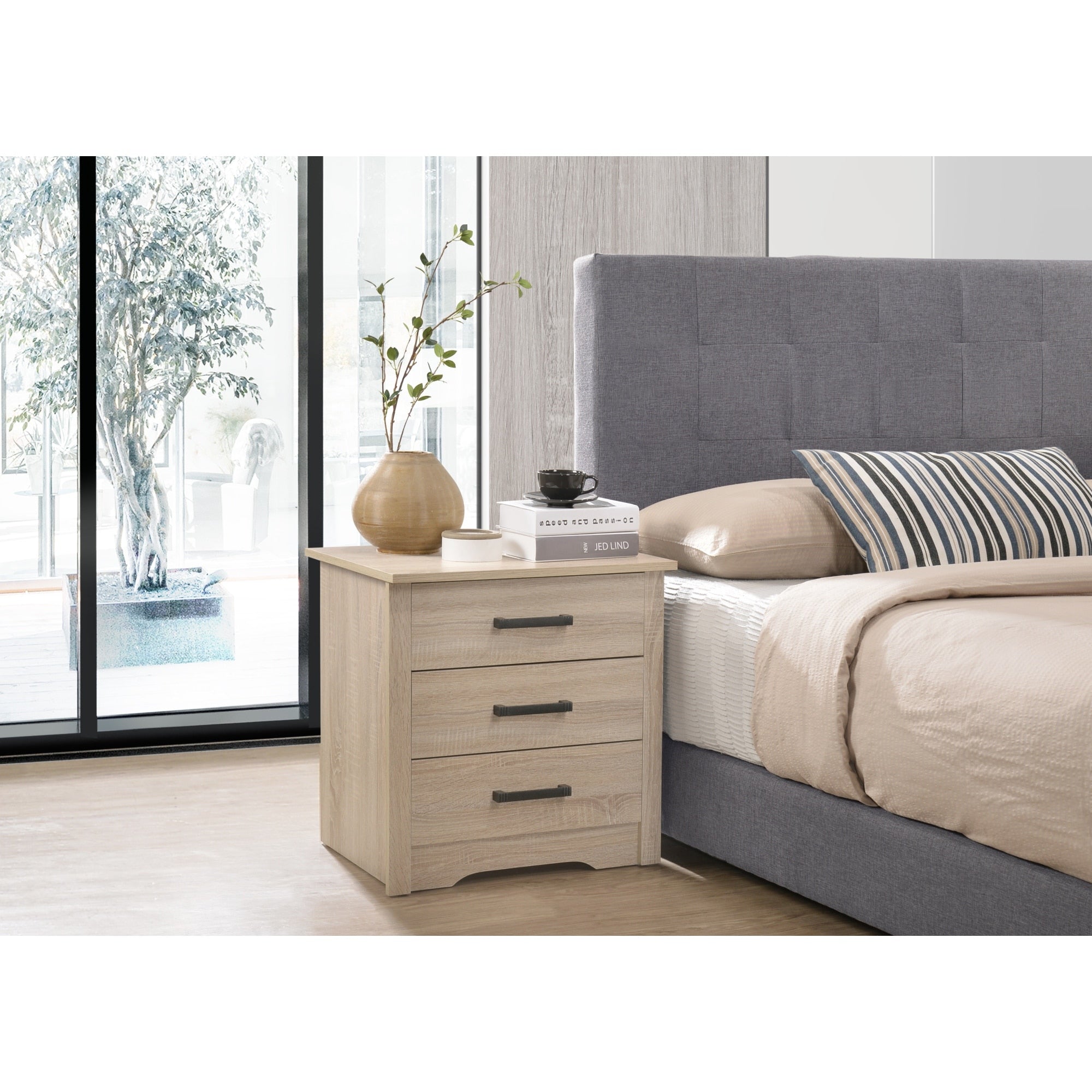 Roomfitters 3 Drawer Nightstand Sandalwood Wood Grain Black Industrial Handles Modern Contemporary Bedroom End Table