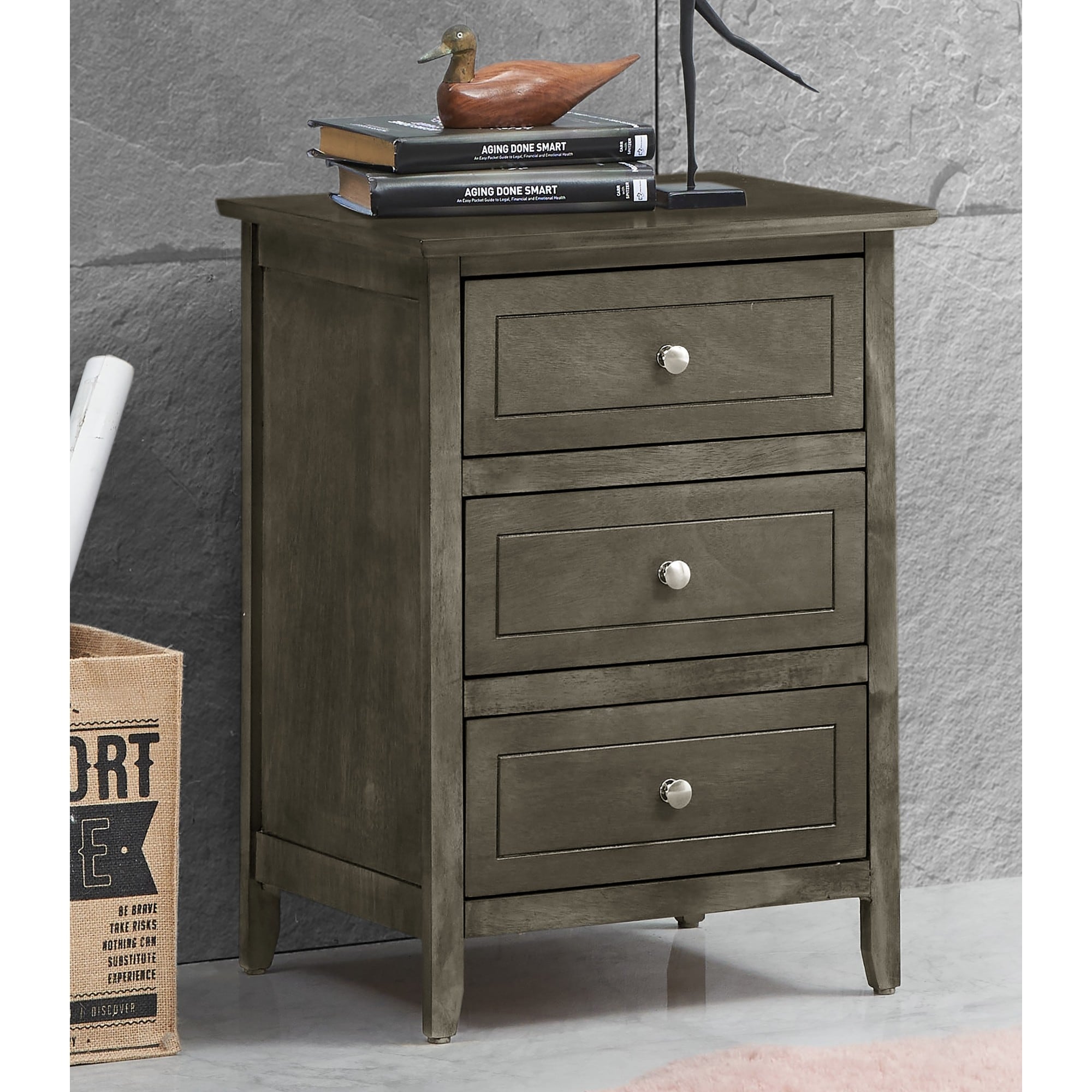 Roomfitters 3 Drawer Nightstand Sophisticated Gray Wood Grain Transitional Style Silver Knobs Bedroom End Table