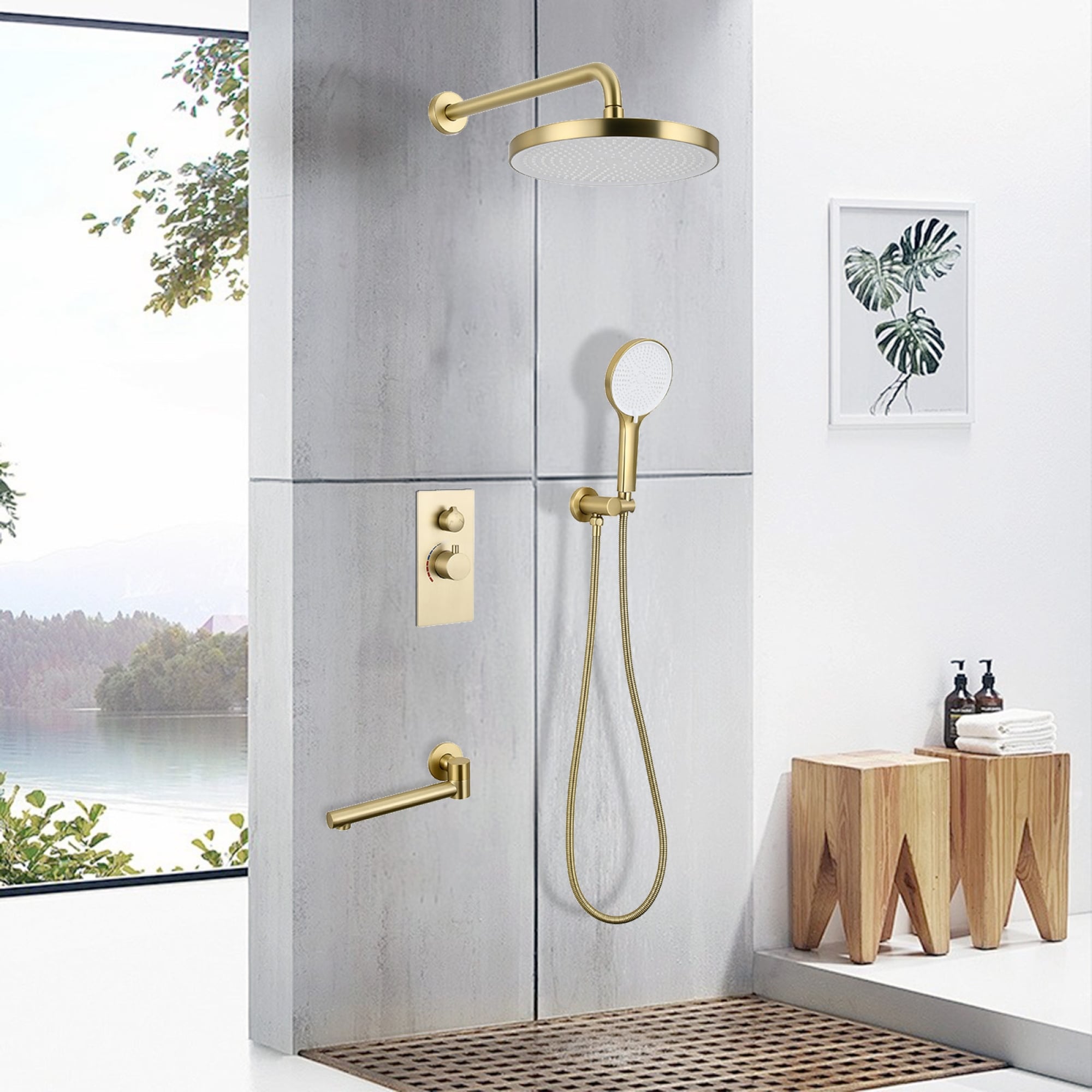 Roomfitters 3 Function Rainfall Shower System With Handheld Spray And Tub Spout Pressure Balance Valve Set Brushed Gold