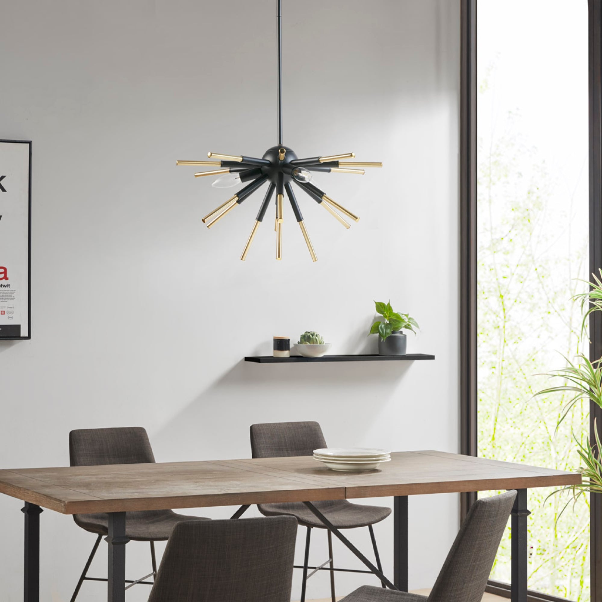 Roomfitters 3 Light Starburst Chandelier Black Gold Geometric Ceiling Light Two Tone Sputnik Semi Flush Mount Hanging Light
