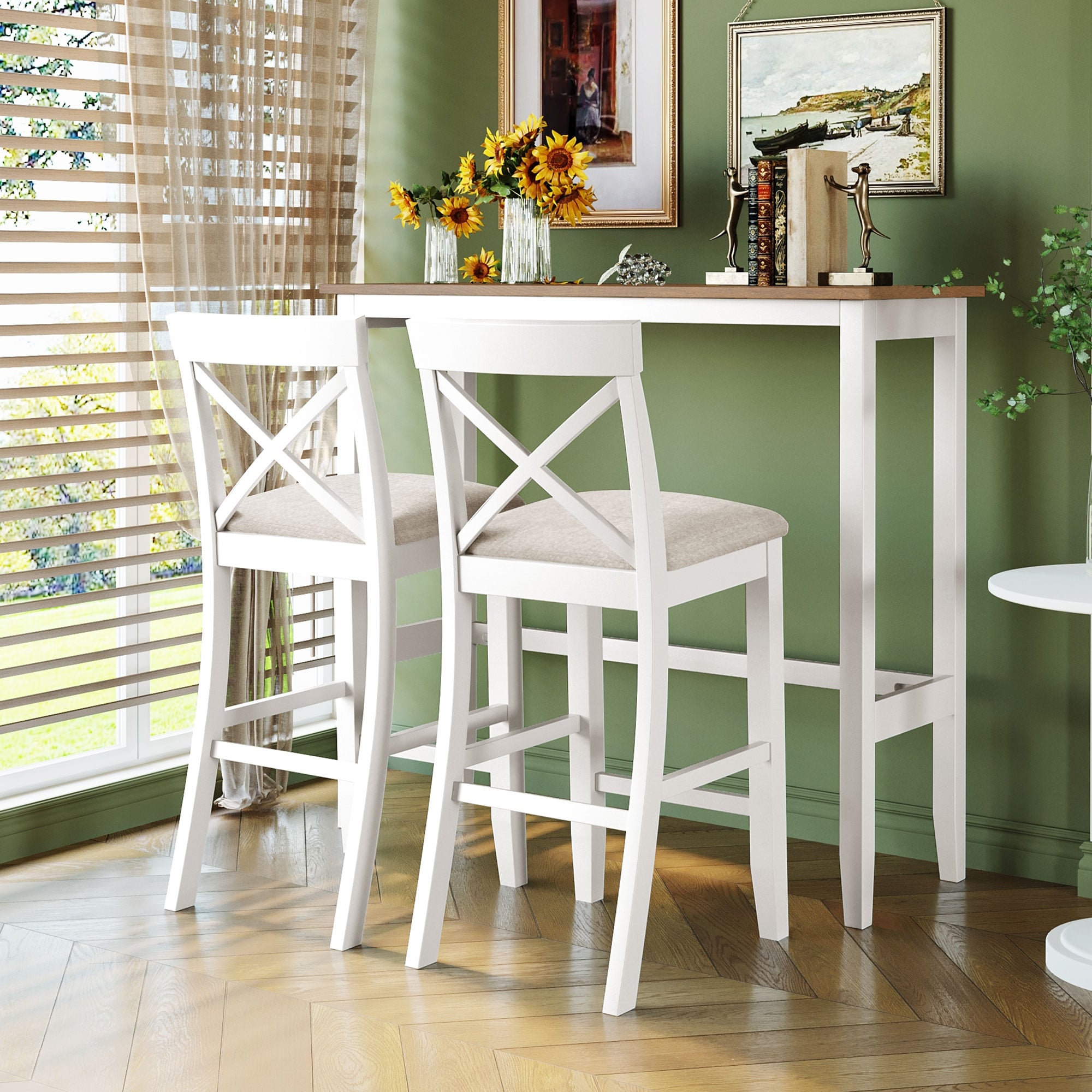 Roomfitters 3 Piece Bar Height Dining Set 48 Wood Breakfast Nook Table With 2 X Back Chairs For Small Spaces