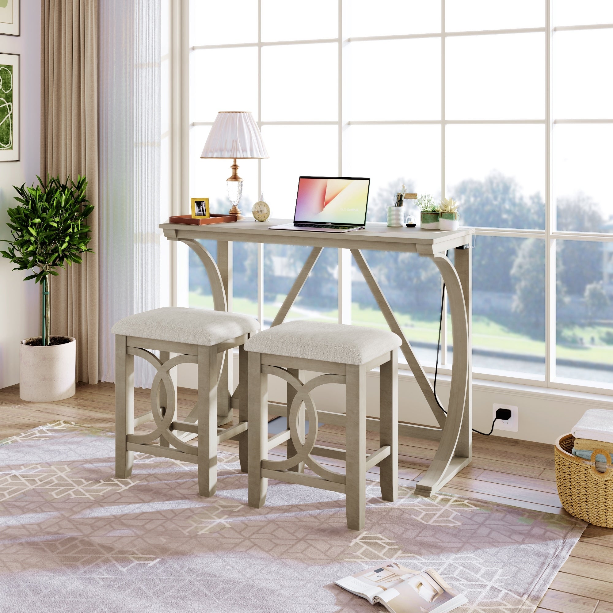 Roomfitters 3 Piece Counter Height Dining Table Set With Usb Port Farmhouse Console Table With 2 Stools