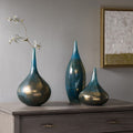 Roomfitters 3 Piece Decorative Glass Vase Set Ombre Handcrafted Modern Tabletop Centerpiece Home Accents Decor Blue Bronze