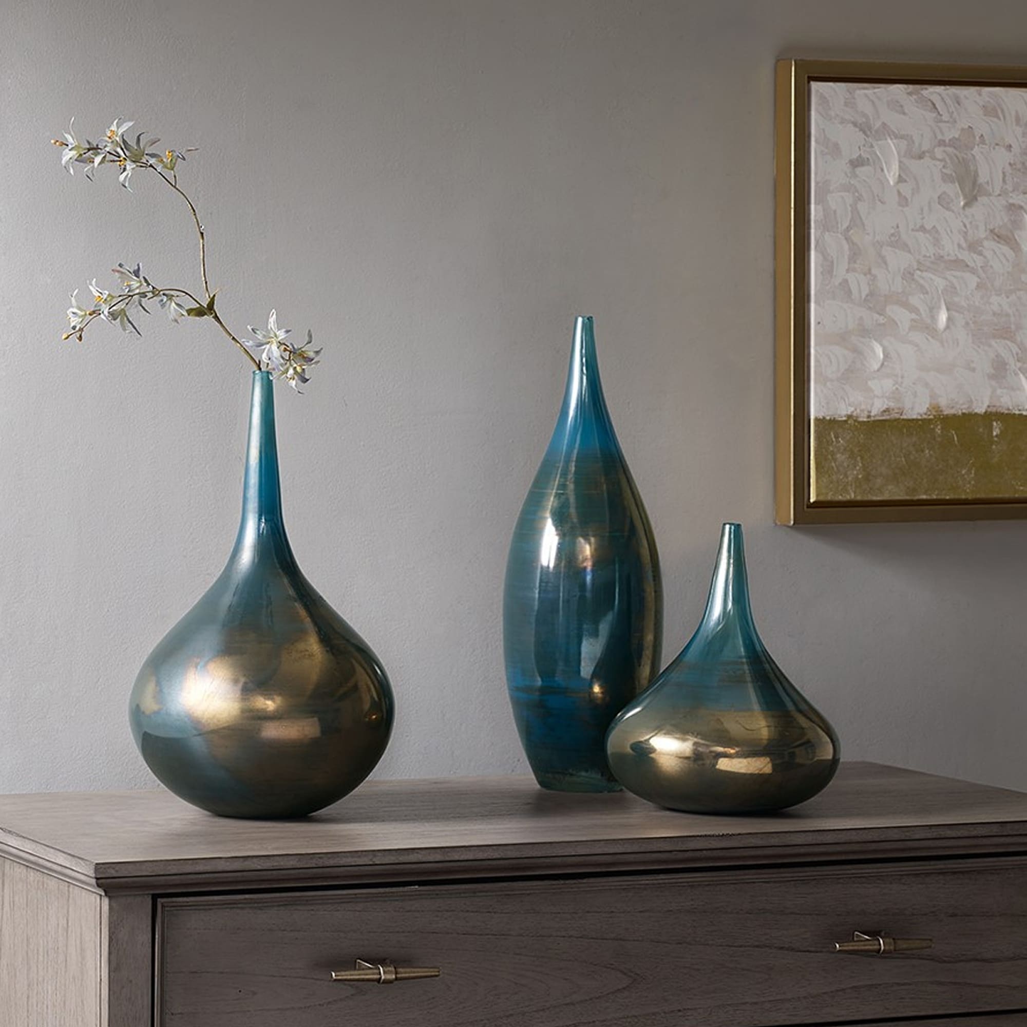 Roomfitters 3 Piece Decorative Glass Vase Set Ombre Handcrafted Modern Tabletop Centerpiece Home Accents Decor Blue Bronze