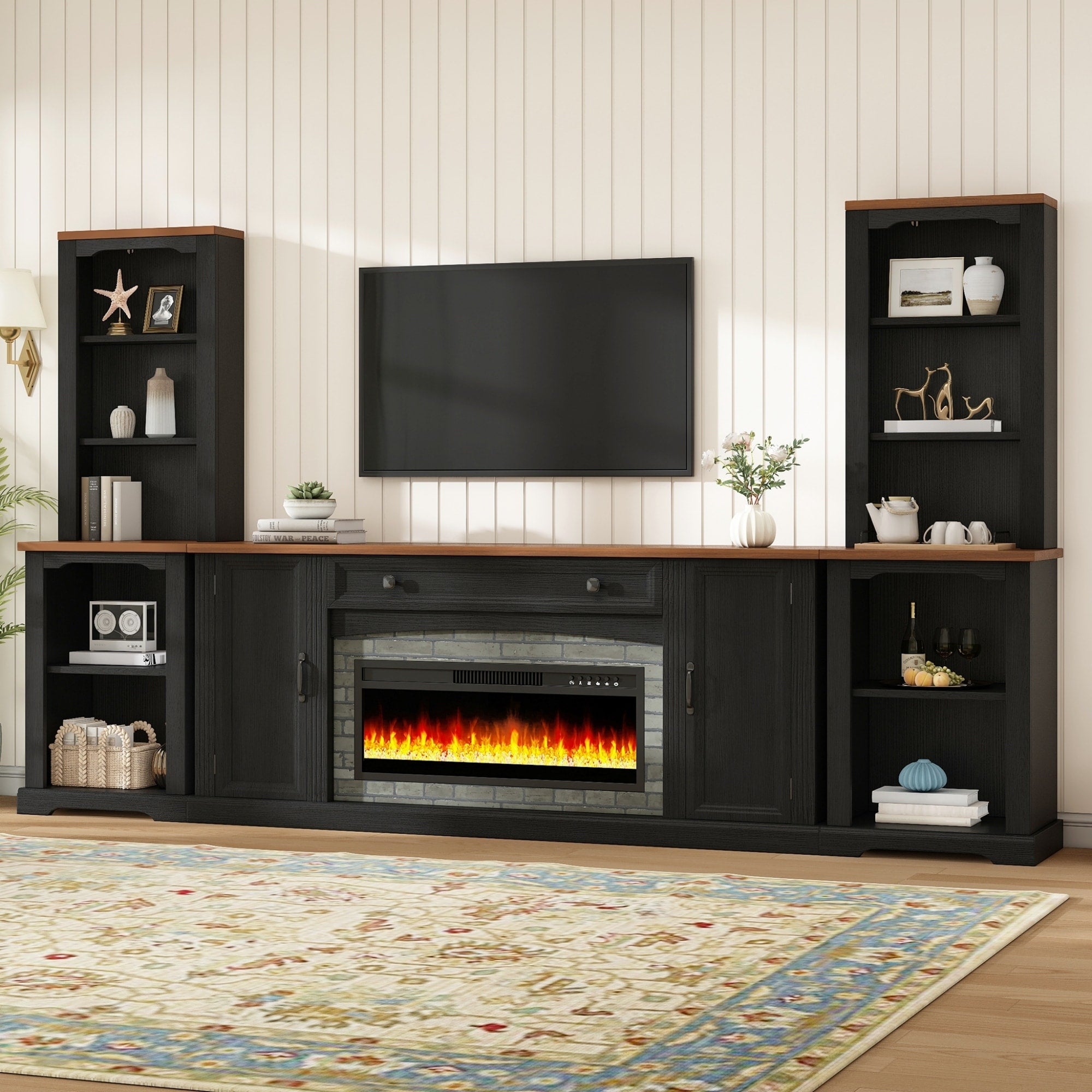 Roomfitters 3 Piece Electric Fireplace Heater Tv Stand Entertainment Center Wall Unit With Bookshelves And Storage